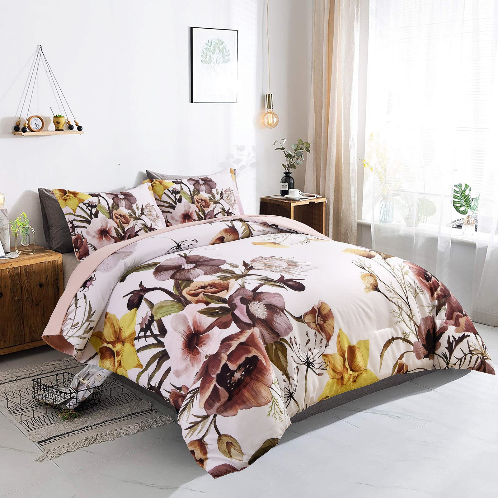 Blush Floral King Size Comforter Set - 3 Piece Soft Microfiber Bedding for All Seasons | Cozy Bedroom Decor, Guest Room Essentials & Luxury Home Textiles