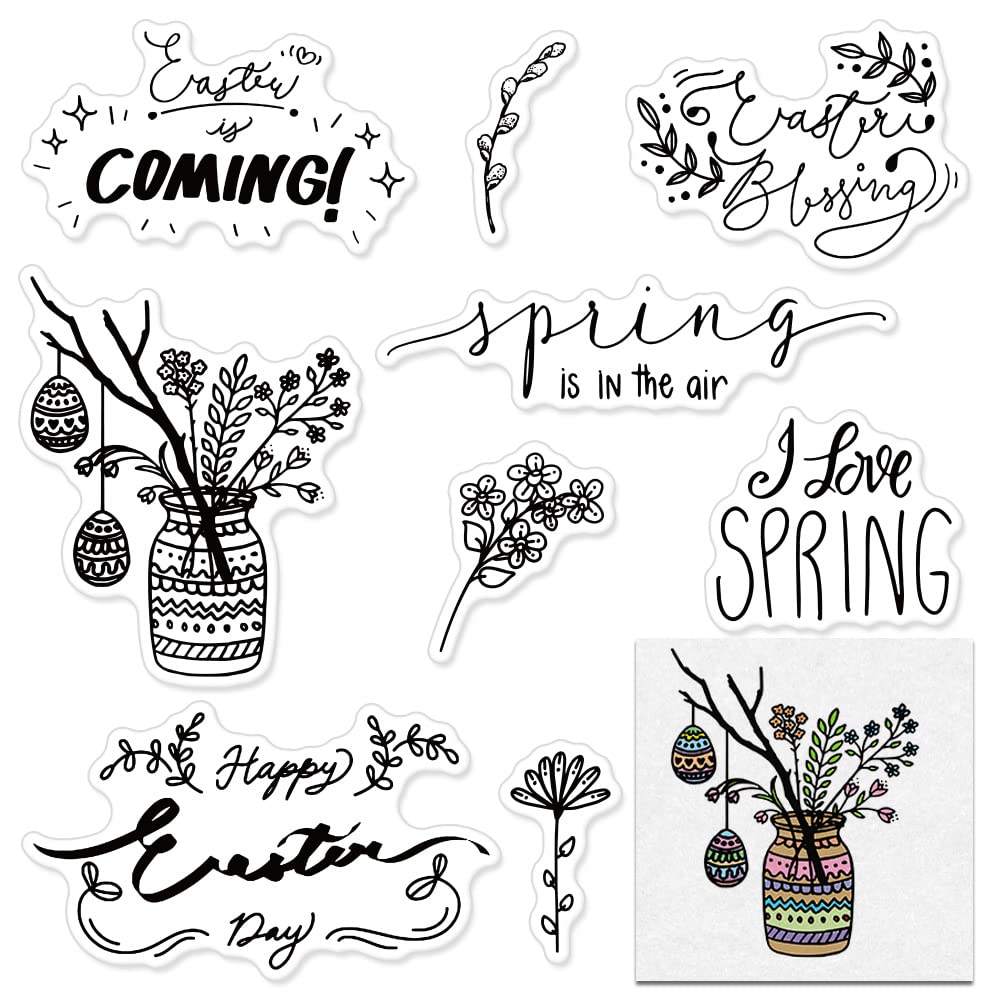 Easter Spring Flower Clear Stamps Set - DIY Card Making, Scrapbooking & Photo Album Decor - Transparent Rubber Stamps with Easter Eggs, Leaves & Greeting Words - Perfect for Easter Crafts, Spring Projects & Handmade Greeting Cards