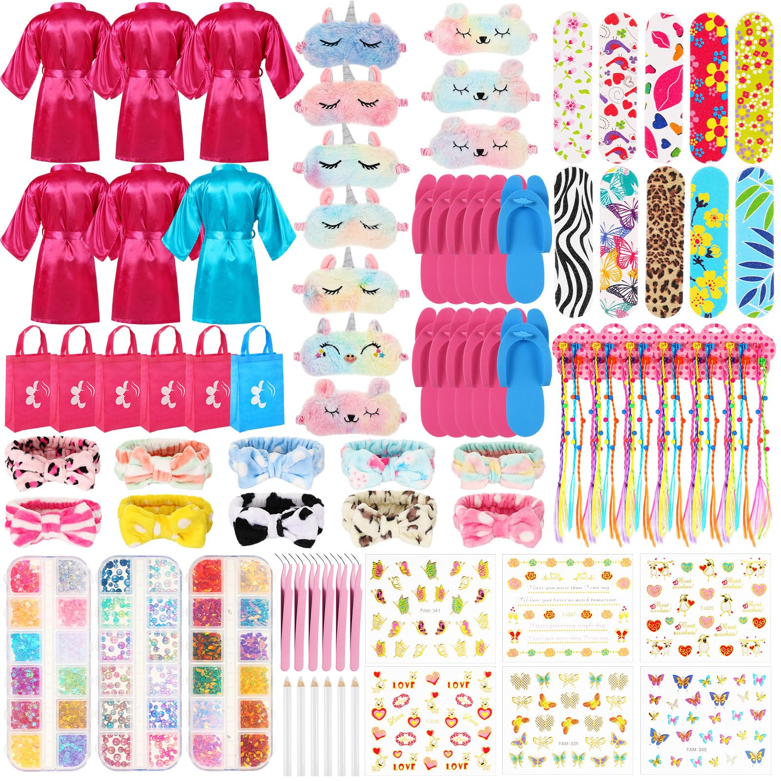 Suhine 6-Piece Girls Spa Birthday Party Kit - Satin Robe, Tote Bags & Nail Salon Accessories (Blue, Rose Red) | Perfect for Kids Birthday Parties, Spa Days & Sleepovers