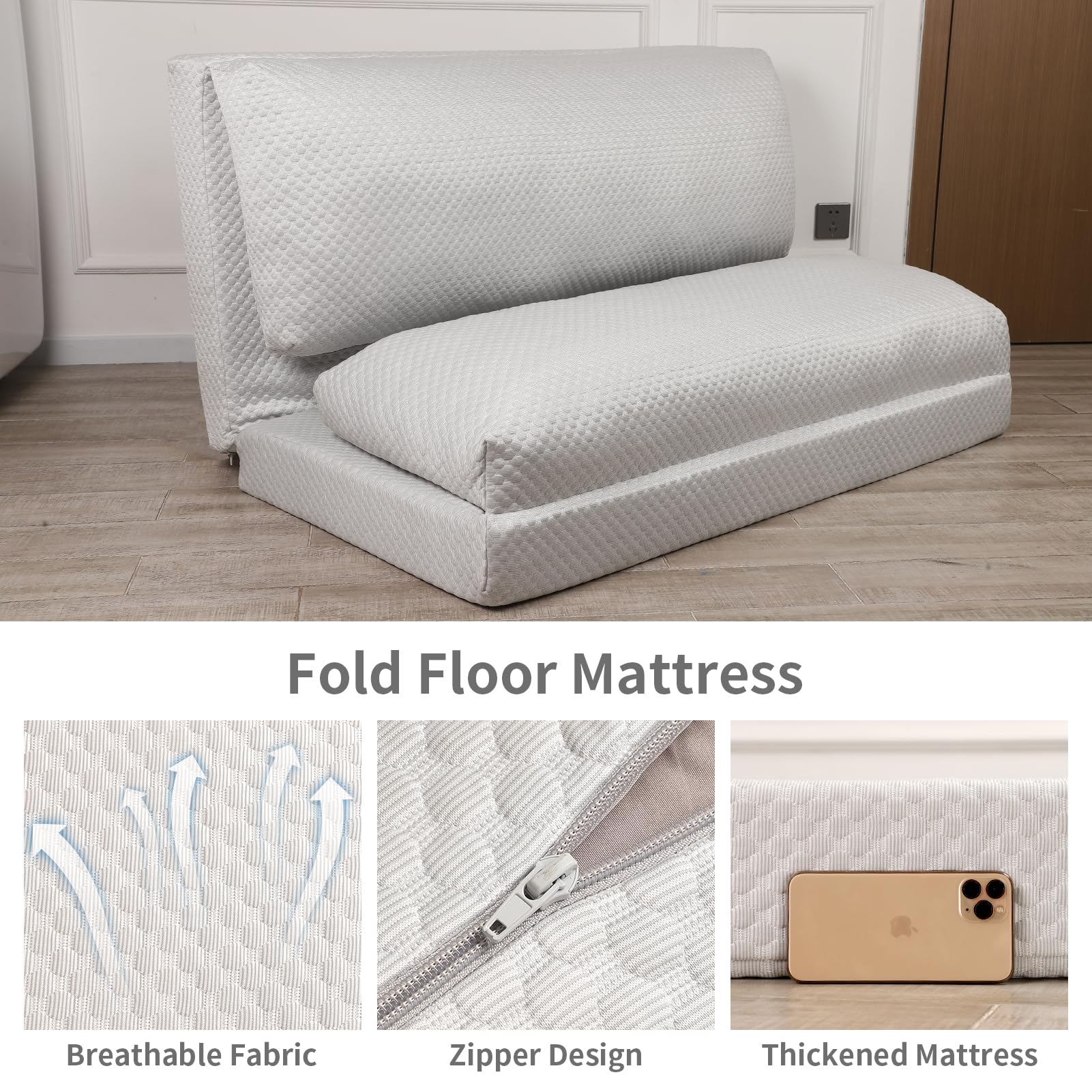 Breathable Cooling Bean Bag Sofa Bed - Foldable Full Size Floor Mattress for Hot Sleepers with Removable Washable Cover, Light Grey (54x95 Inches) - Perfect for Dorm Rooms, Guest Beds & Summer Napping