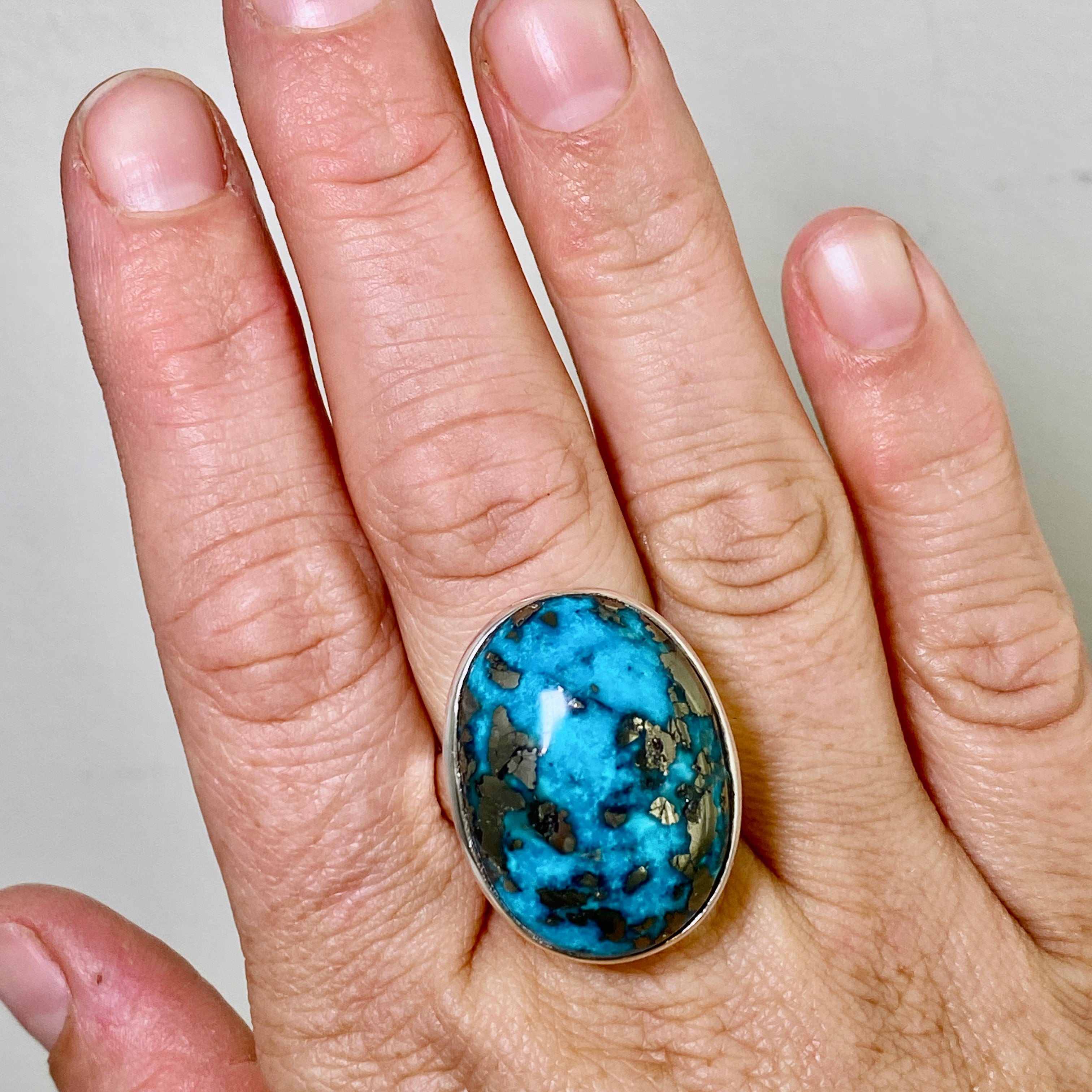 Natural Persian Turquoise with Pyrite Oval Cabochon Ring - Size 9 - Handmade Iranian Jewelry - Perfect for Boho Fashion & Gift Giving