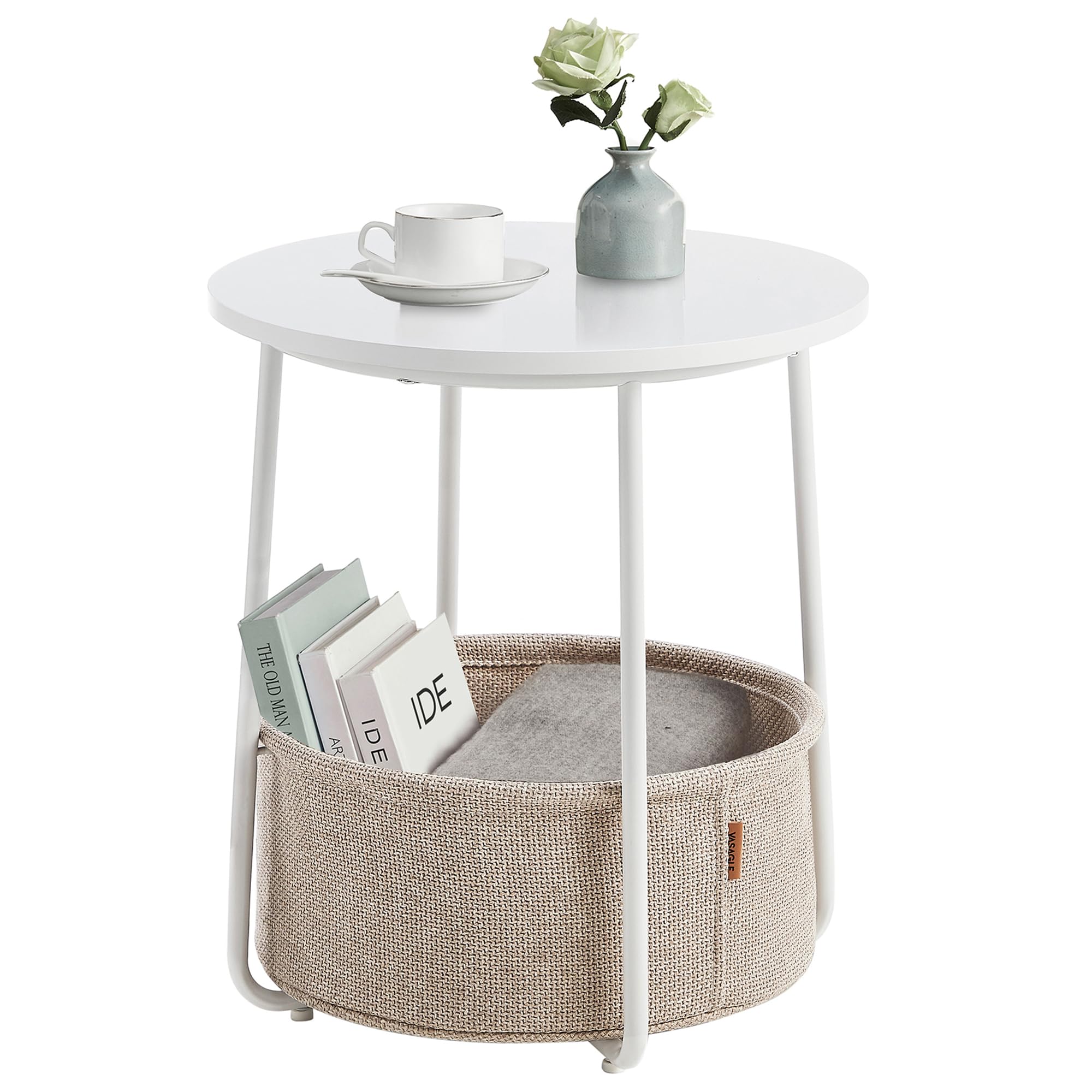 VASAGLE Round Side Table with Fabric Basket - Modern End Table for Living Room, Bedroom, or Nightstand - White and Beige LET223W10 - Perfect for Small Spaces, Home Decor, and Extra Storage
