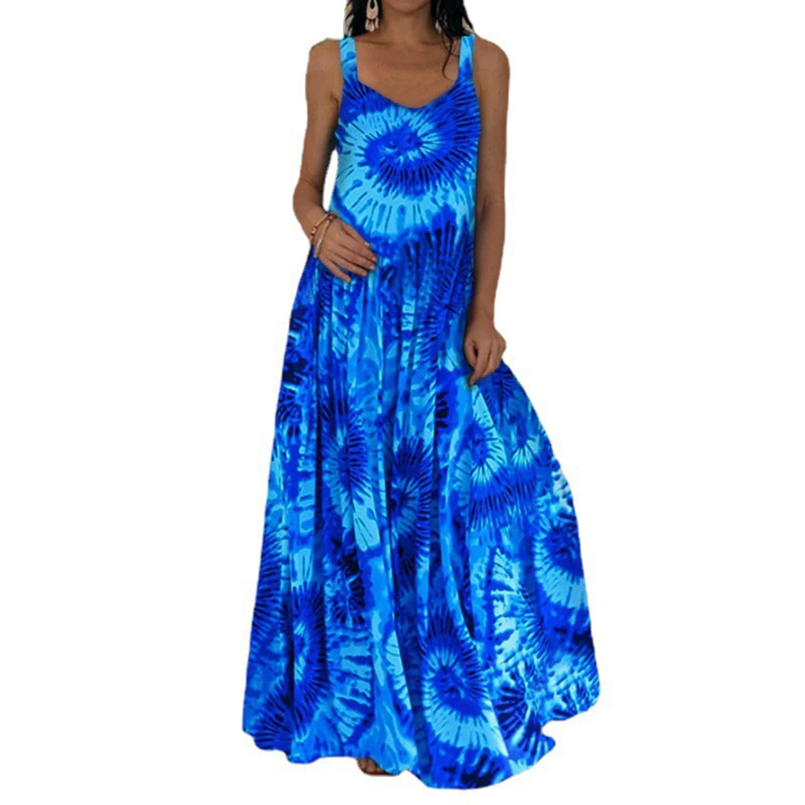 Women's Sexy Tie Dye Sleeveless Summer Dress - Floral Print Round Neck Beach Sundress, Casual Loose Tank Dress for Vacation, Pool Party & Outdoor Date Night