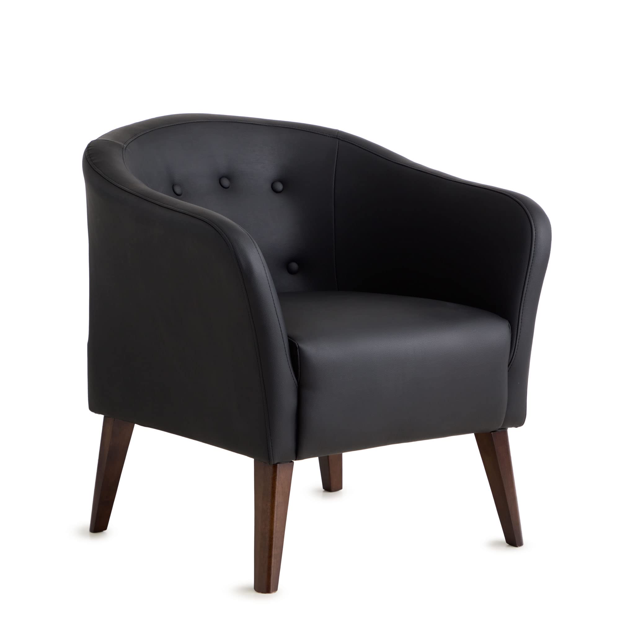 Edenbrook Collins Button Tufted Barrel Chair with Wood Legs - Black Faux Leather Upholstered Tub Chair for Living Room, Bedroom, or Office - Perfect Accent Seating for Home Decor