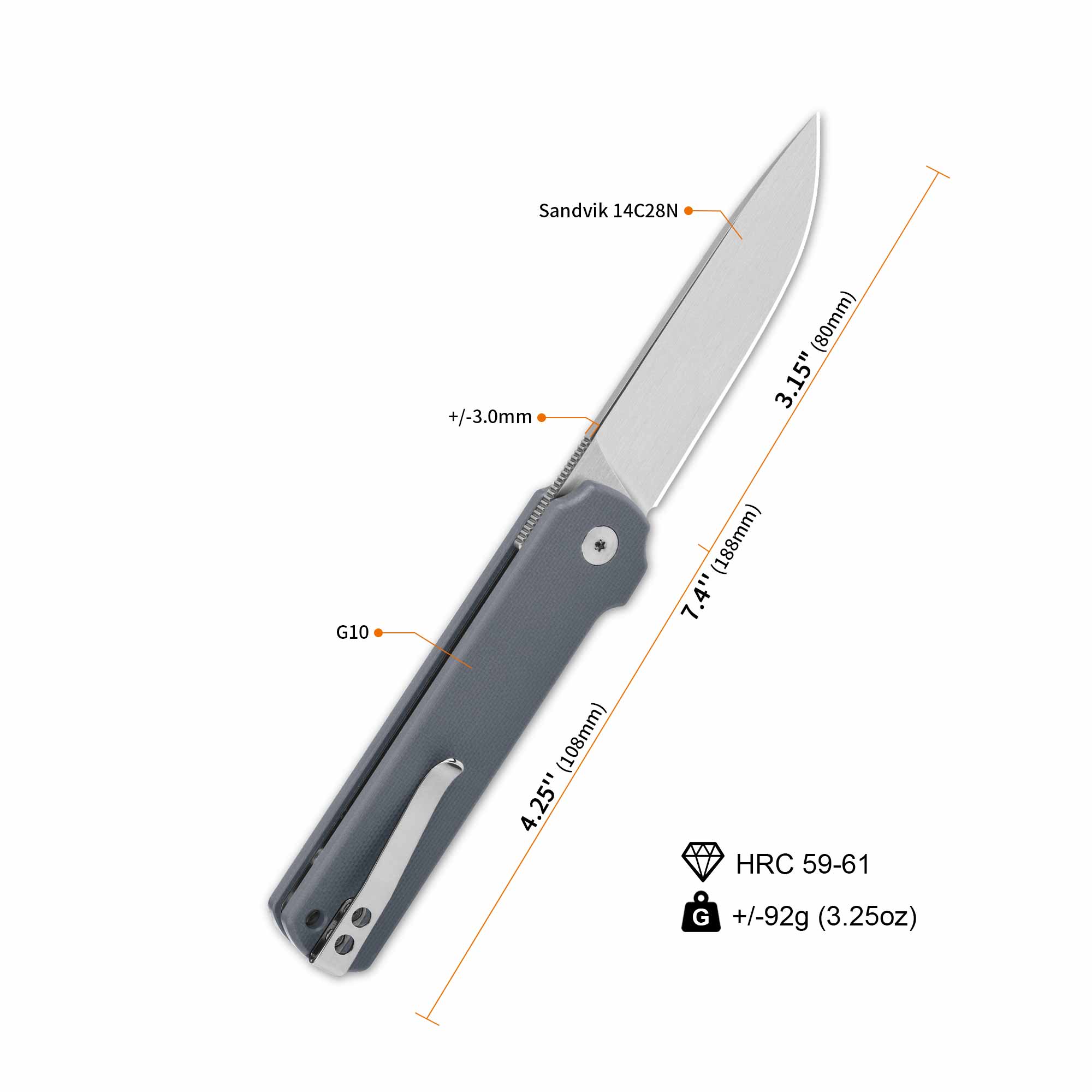 QSP Lark Pocket Knife - 14C28N Stainless Steel Blade & G10 Handle - EDC Folding Knife for Camping, Hiking, and Outdoor Survival