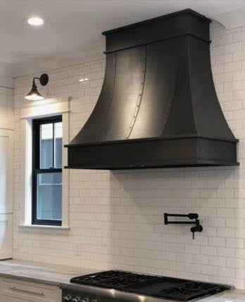 Black Copper Custom Range Hood with Adjustable Straps & Decorative Rivets - Premium Kitchen Ventilation for Rebecca | Ideal for Modern & Rustic Home Kitchens