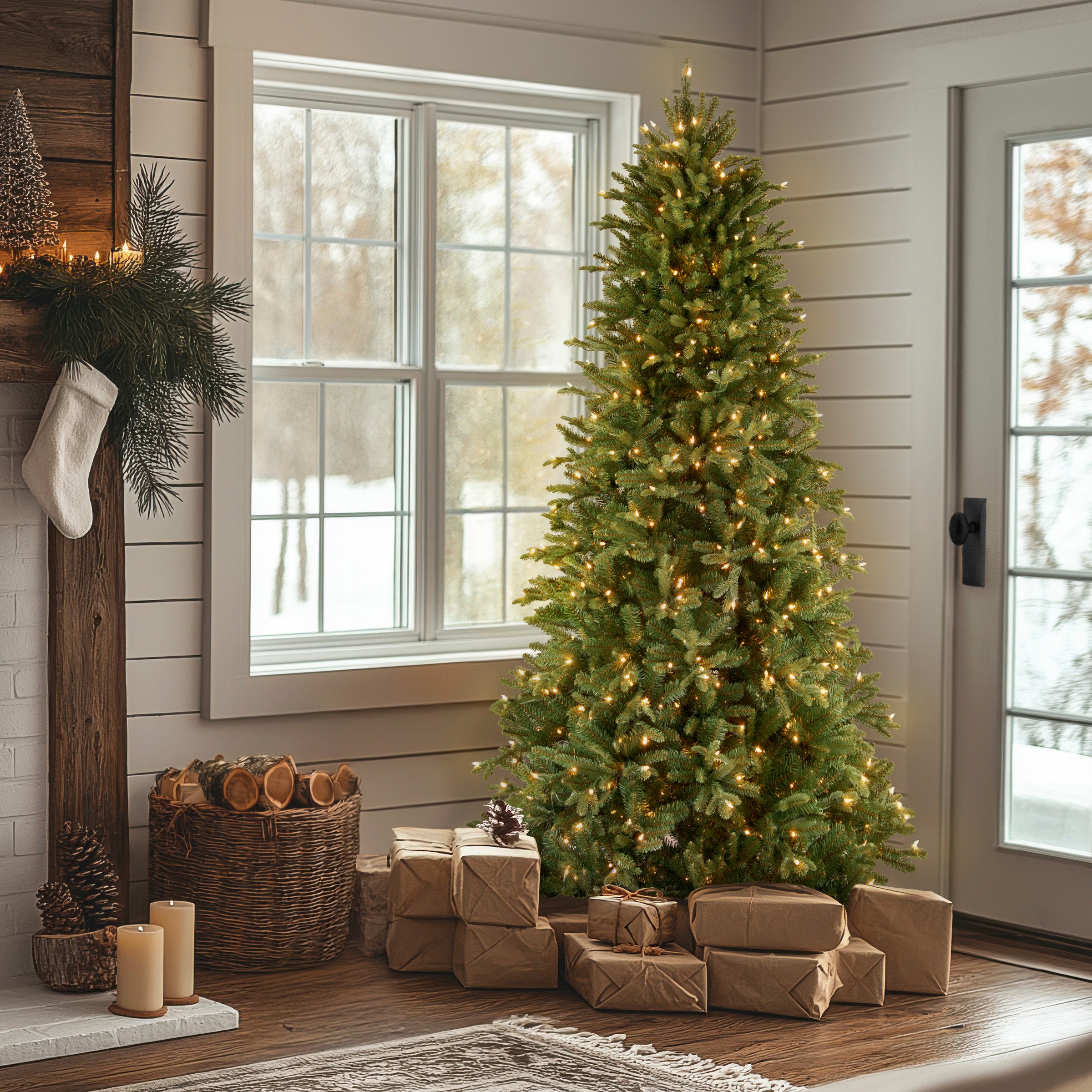 7.5 ft Pre-Lit Tiffany Fir Slim Artificial Christmas Tree with 500 Clear LED Lights - Perfect for Small Spaces, Apartments & Holiday Decorations