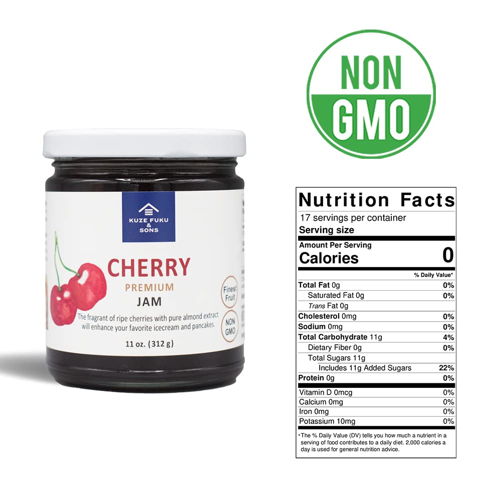 KUZE FUKU & SONS All Natural Cherry Jam - Non-GMO Real Fruit Preserves, No Artificial Flavors, 11 Oz (311.84g) - Perfect for Toast, Pancakes, Yogurt & Dessert Toppings