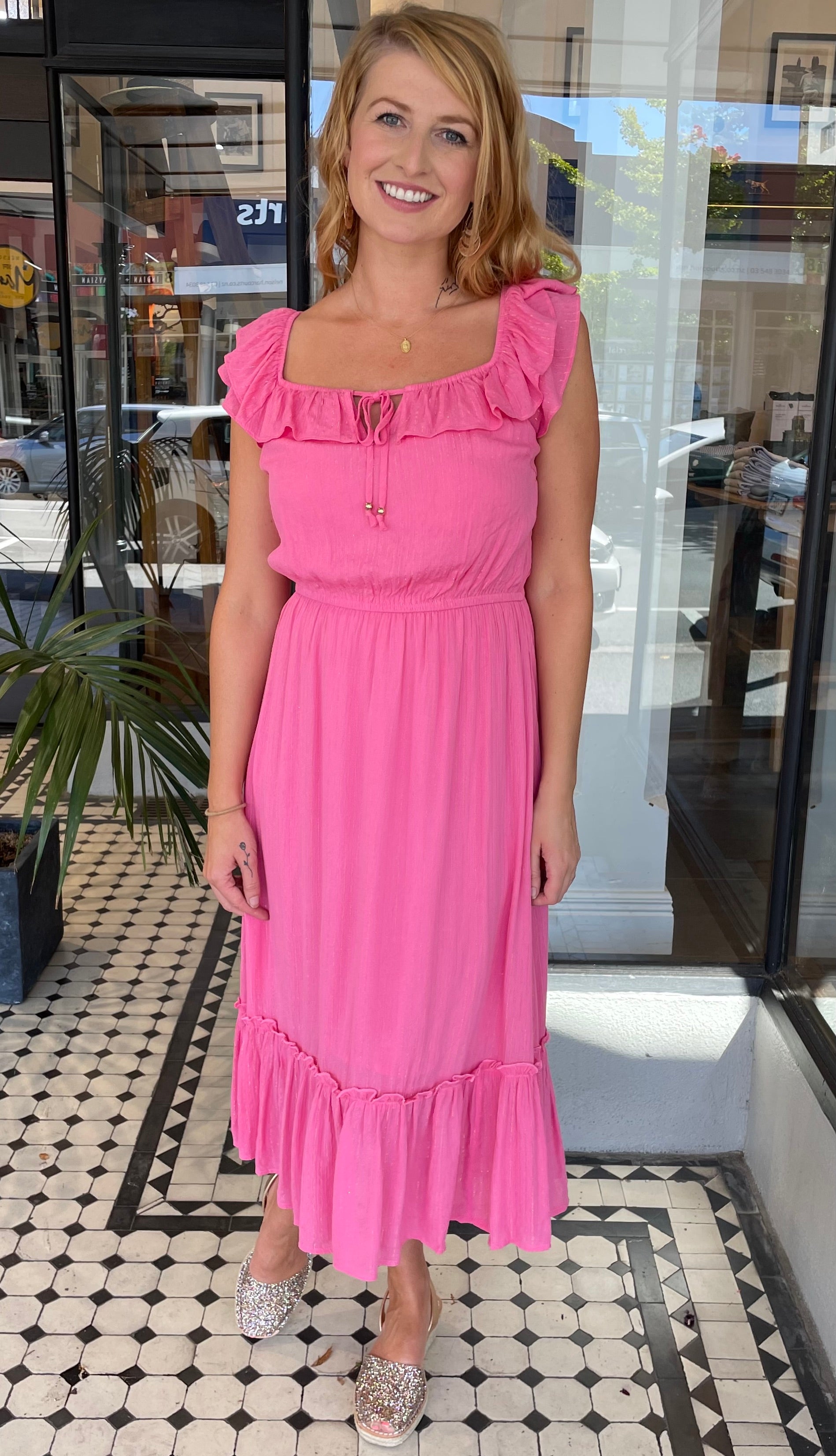 Gabby Gold Stripe Midi Dress for Women - Flowy Pink Summer Dress with V-Neck & Short Sleeves | Perfect for Beach Vacations, Date Nights & Brunch Outings