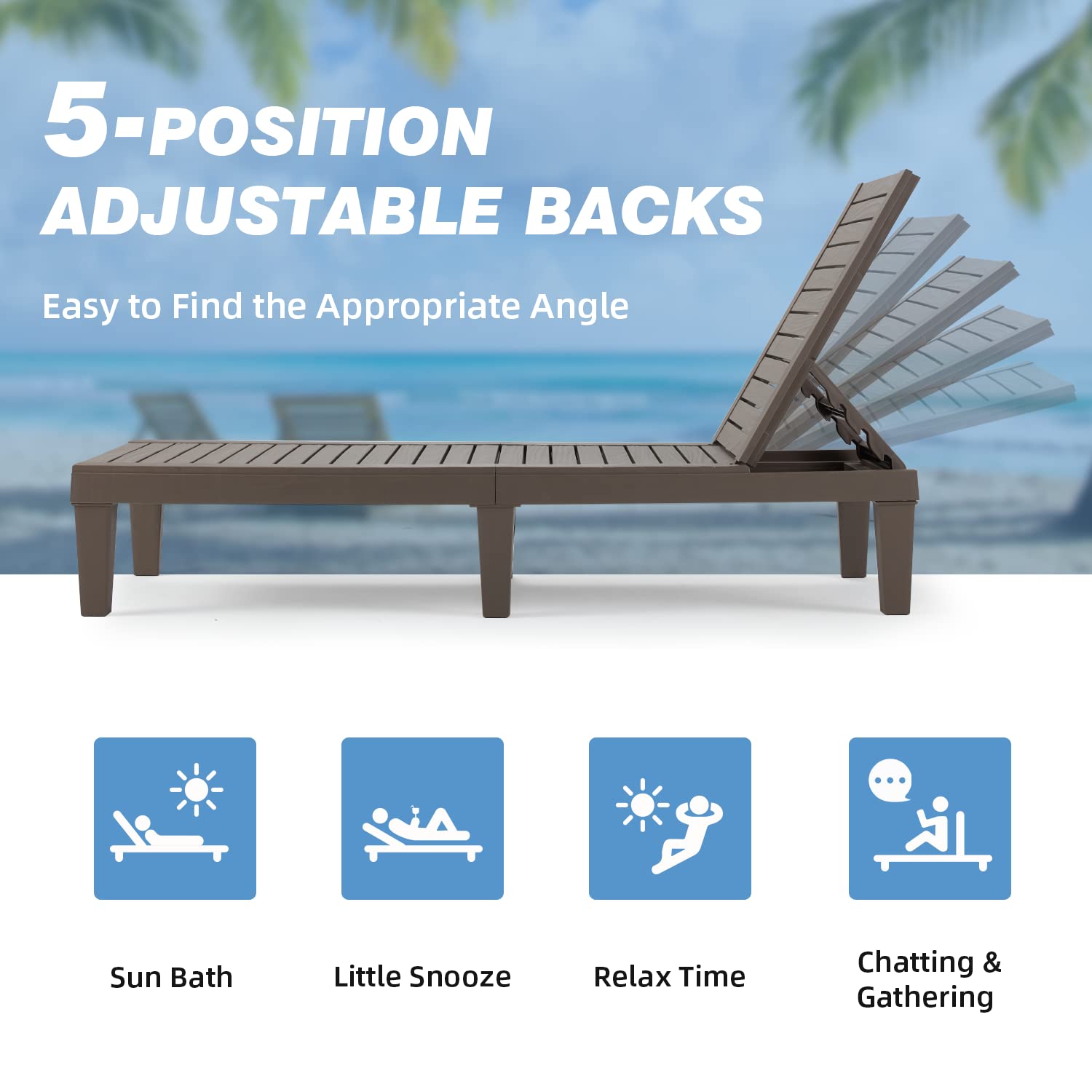 EROMMY 2-Pack Outdoor Chaise Lounge Chairs - All-Weather Patio Loungers with 5-Position Adjustable Backrest & Wood Texture Design - Reclining Chairs for Patio, Garden, Beach, Poolside, Balcony - Perfect for Sunbathing, Relaxing and Outdoor Lounging