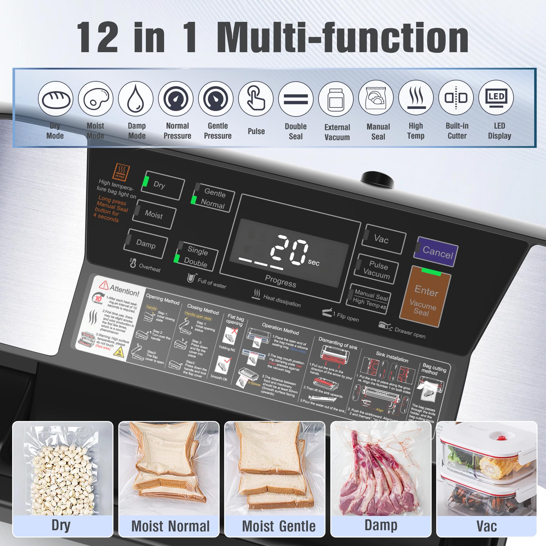 12-in-1 Food Vacuum Sealer Machine with Easy Lock Handle & Built-in Cutter | Double Heat Seal Technology | Includes 1 Roll & 10 Pre-cut Bags | Perfect for Meal Prep, Sous Vide, Food Storage & Freezing