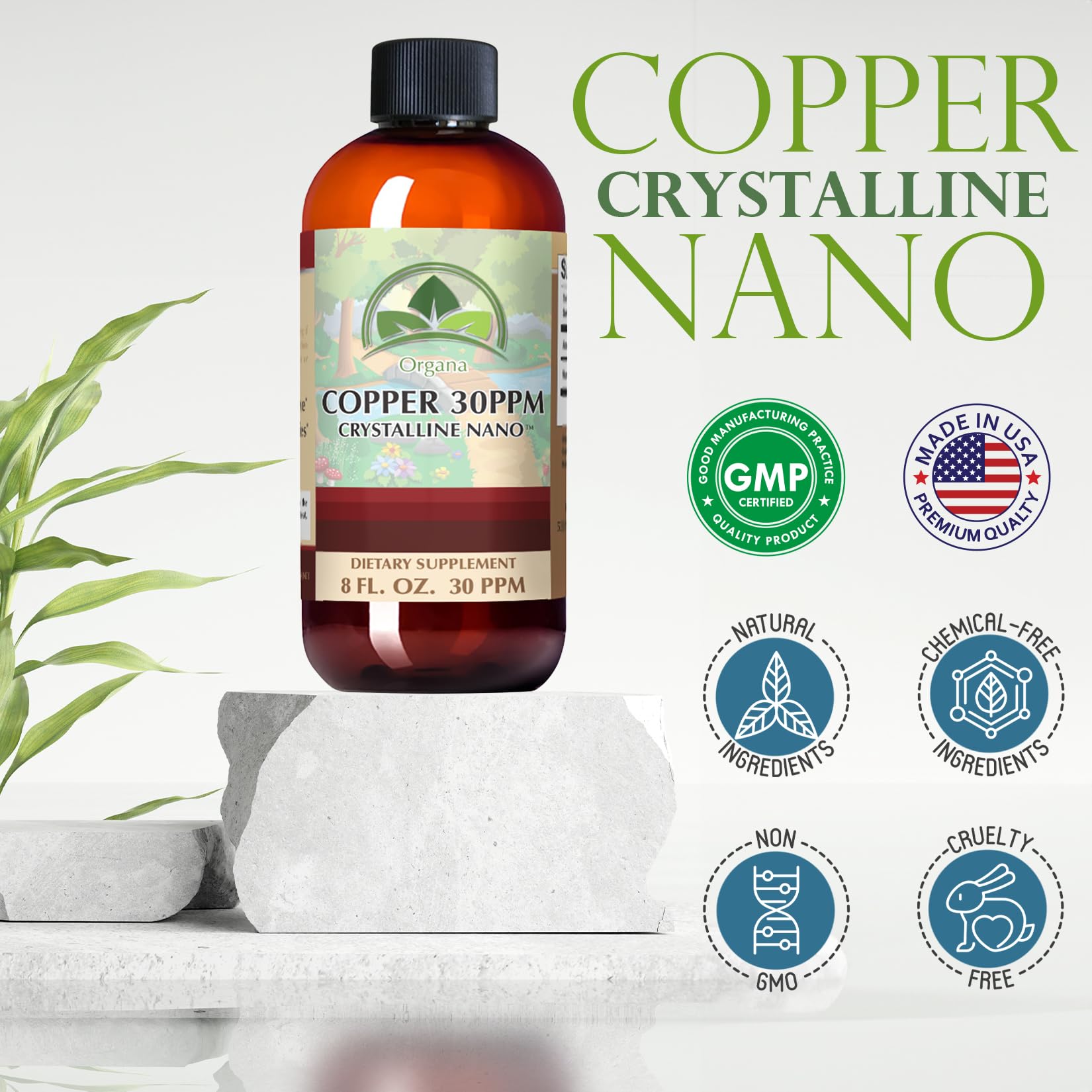Organa Pure Crystalline Liquid Copper Supplement - 30 PPM - High Absorption Copper Drops for Immune Support & Energy Boost | Bioavailable Ionic Copper for Hair Growth & Skin Health | Easy-to-Use Liquid Mineral Supplement for Daily Wellness