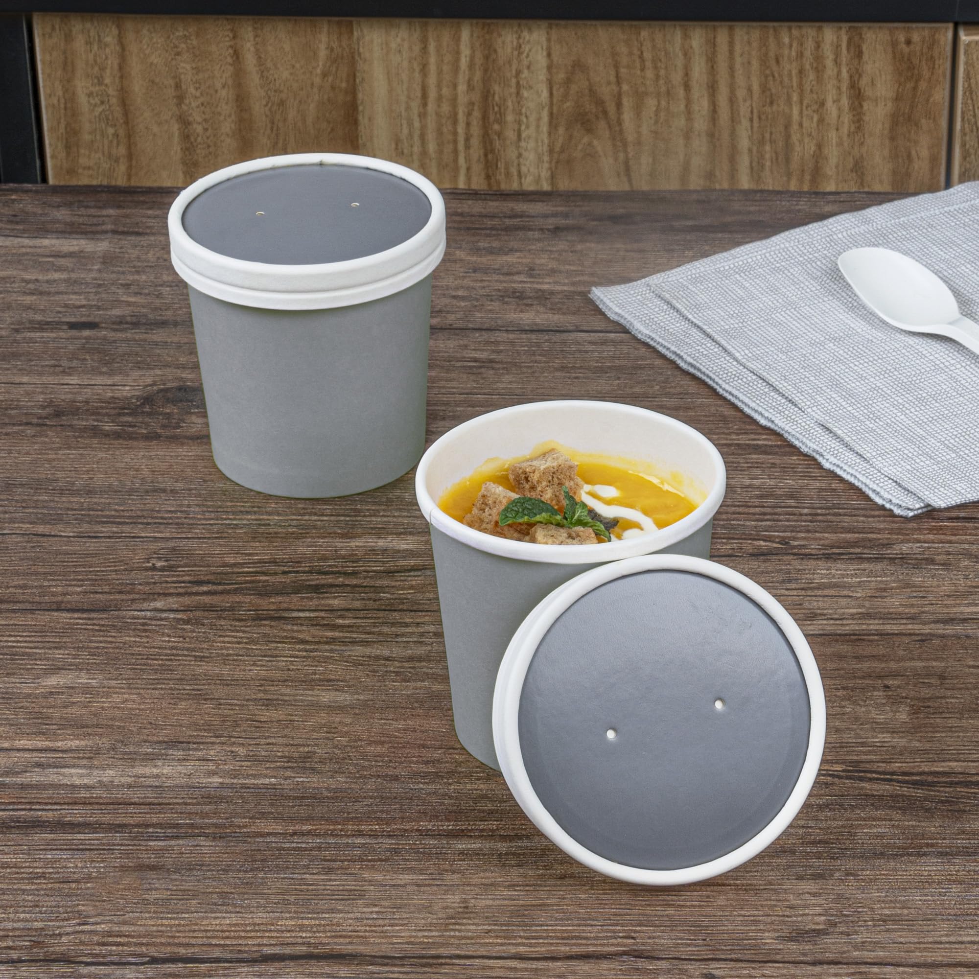 Restaurantware Bio Tek Vented Lids for 12oz Soup Containers - 200 Pack | Microwave Safe Gray Paper Lids | Compatible with Disposable Soup Cups (Cups Sold Separately) | Perfect for Takeout, Catering & Food Service Businesses
