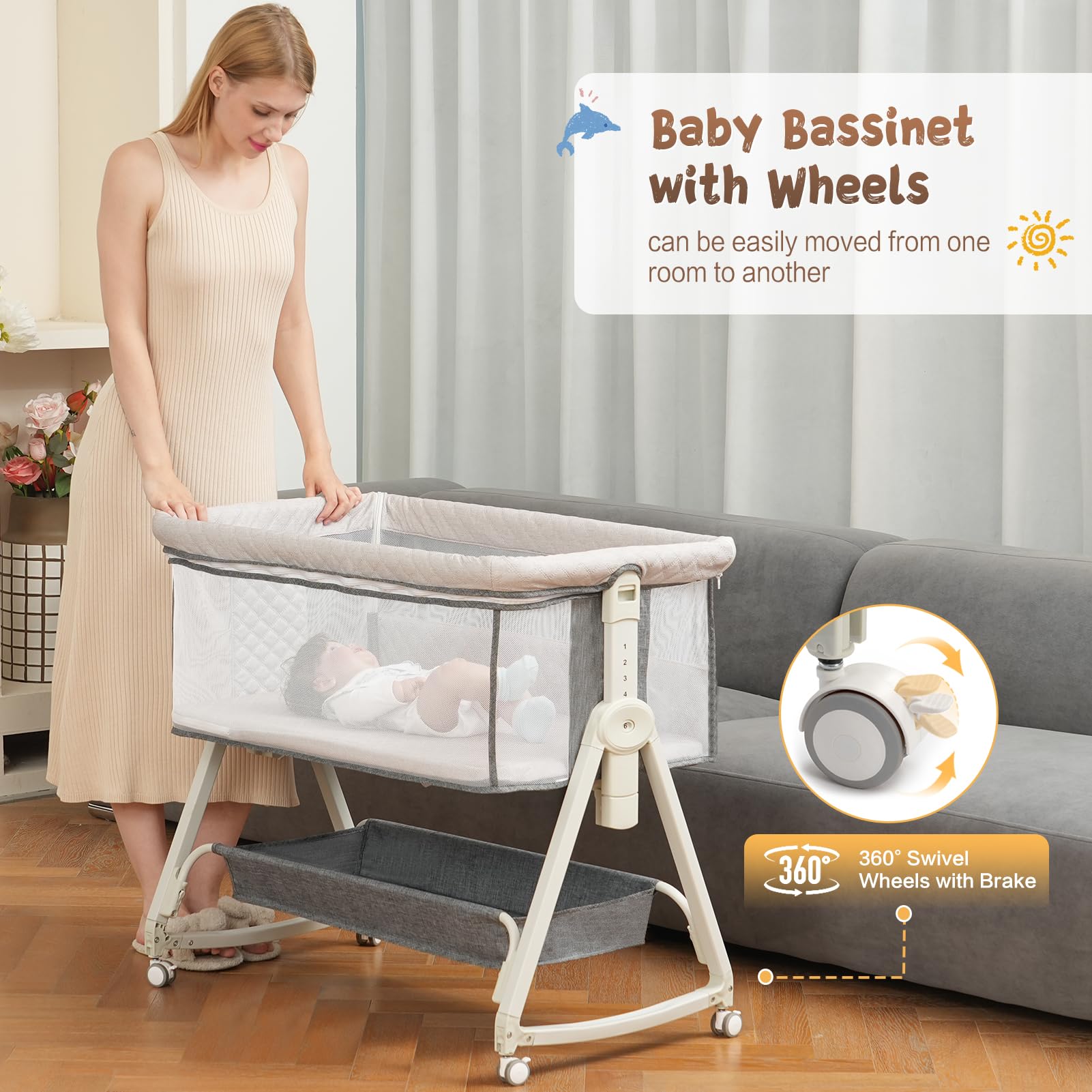 Portable Baby Bassinet Bedside Sleeper with Wheels & Storage Basket - 6 Height Adjustable, Breathable Mesh, Easy Assembly Crib for Newborns & Infants (Grey) | Perfect for Nursery, Bedroom & Travel Use