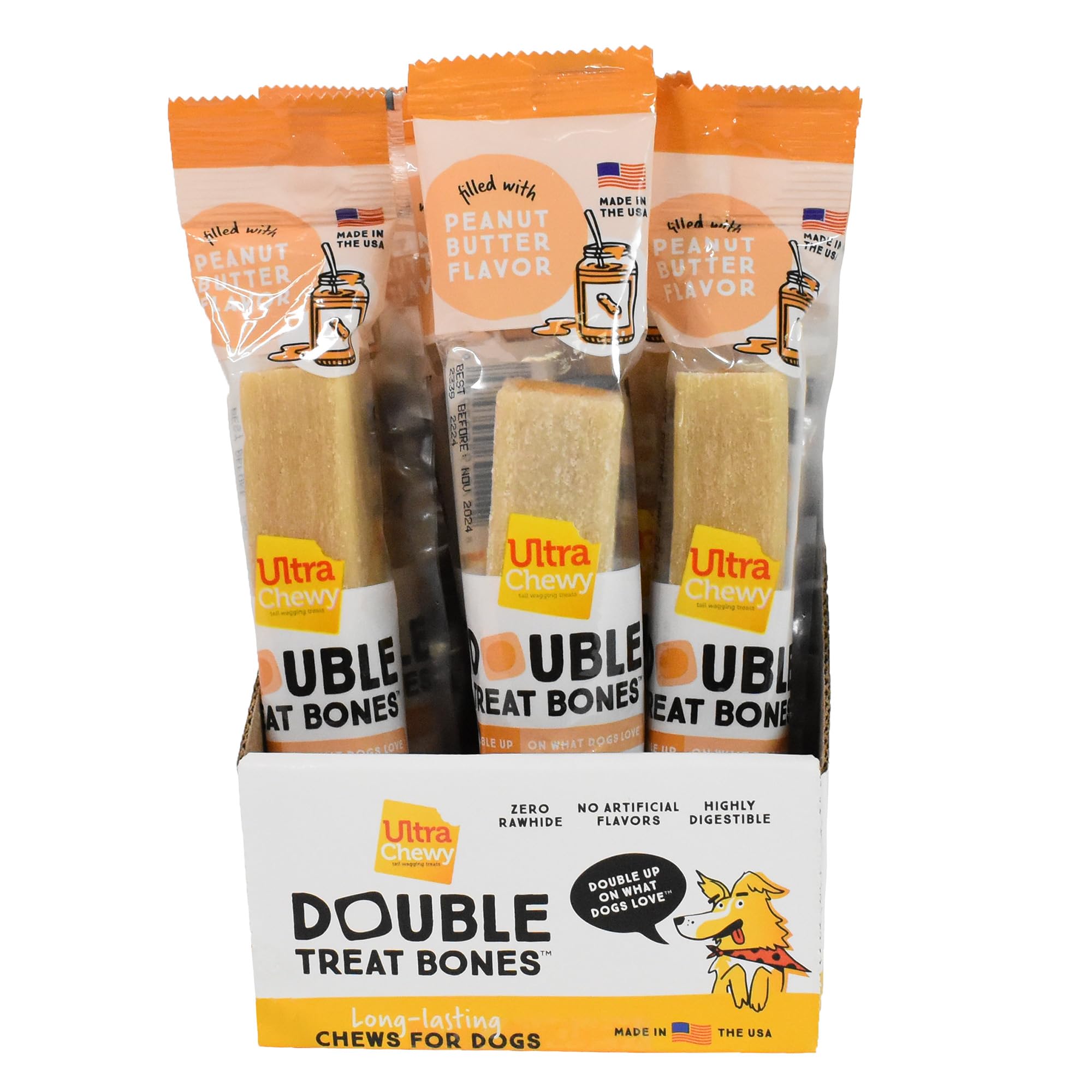 Ultra Chewy Peanut Butter Double Treat Bones - Long-Lasting USA Made Dog Treats for Large & Small Breeds | Highly Digestible Natural Snacks for Aggressive Chewers (24 Count) - Perfect for Training Rewards, Dental Health & Playtime