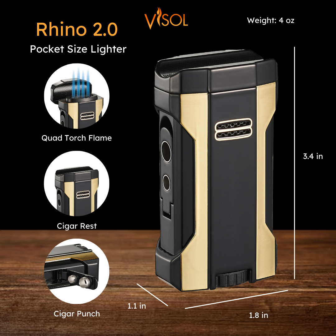 Premium Visol Rhino 2.0 Black & Gold Quad Flame Torch Cigar Lighter - Windproof Butane Lighter for Cigars, Cigarettes & Outdoor Use - Perfect for Smoking, Camping, BBQ & Gifts