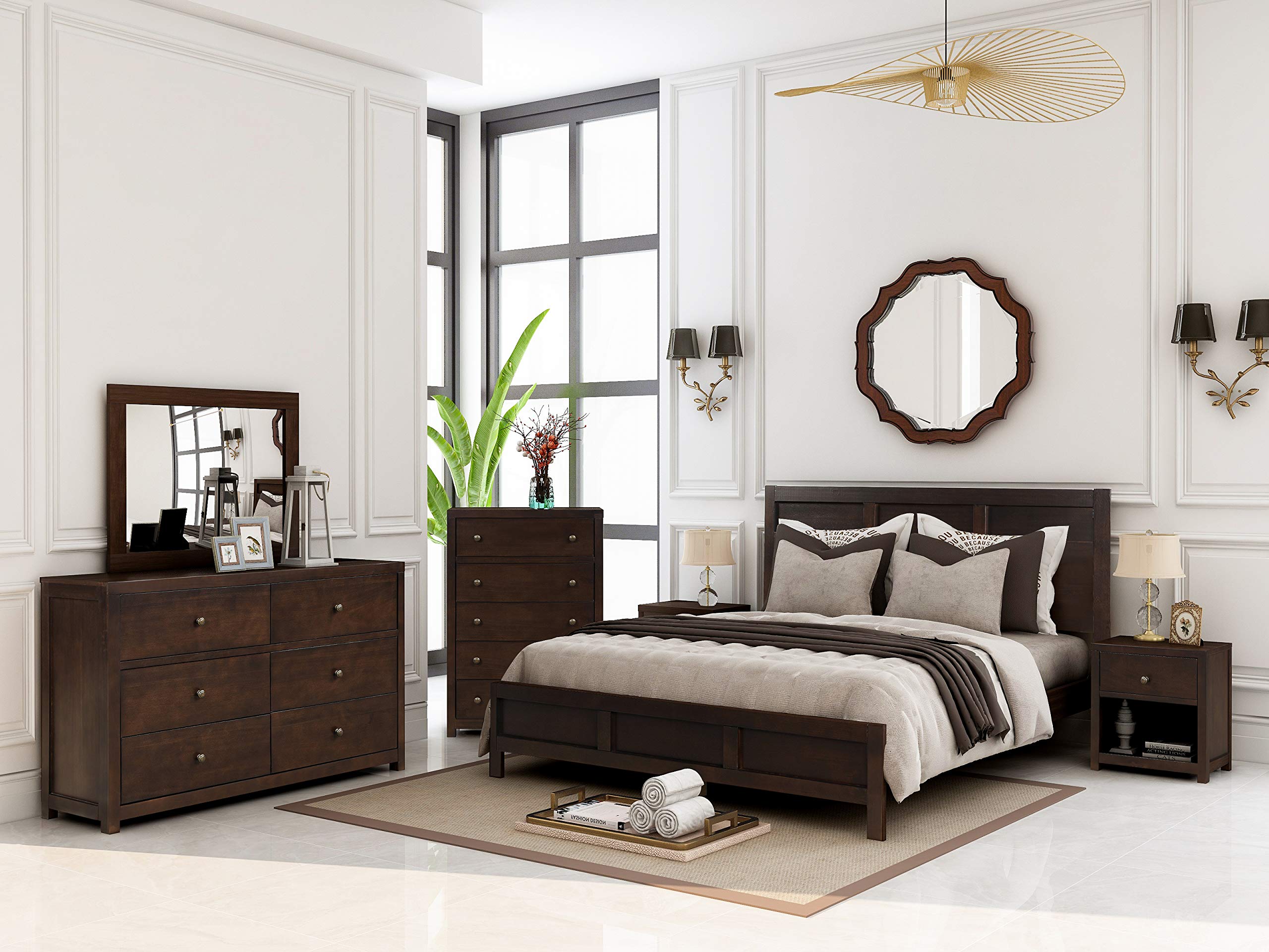 6-Piece Classic Bedroom Furniture Set - King Size Bed, 2 Nightstands, Dresser, Chest & Mirror | Elegant Master Bedroom Decor for Home & Guest Room