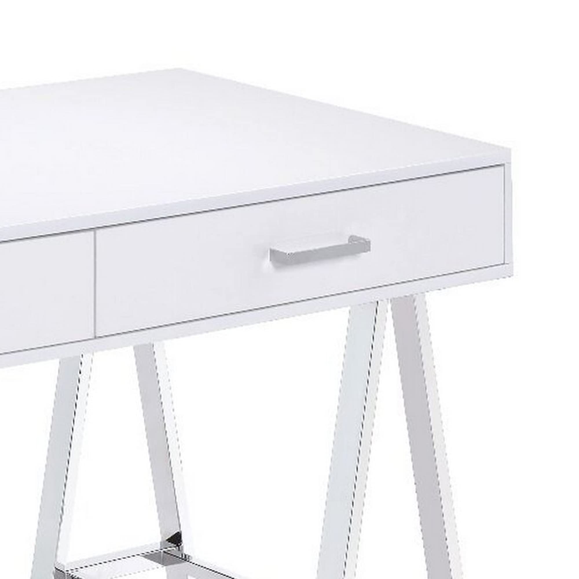 Benjara Modern White and Chrome Writing Desk with 2 MDF Drawers & Sturdy Metal Legs - Perfect for Home Office, Study Room, or Small Workspace