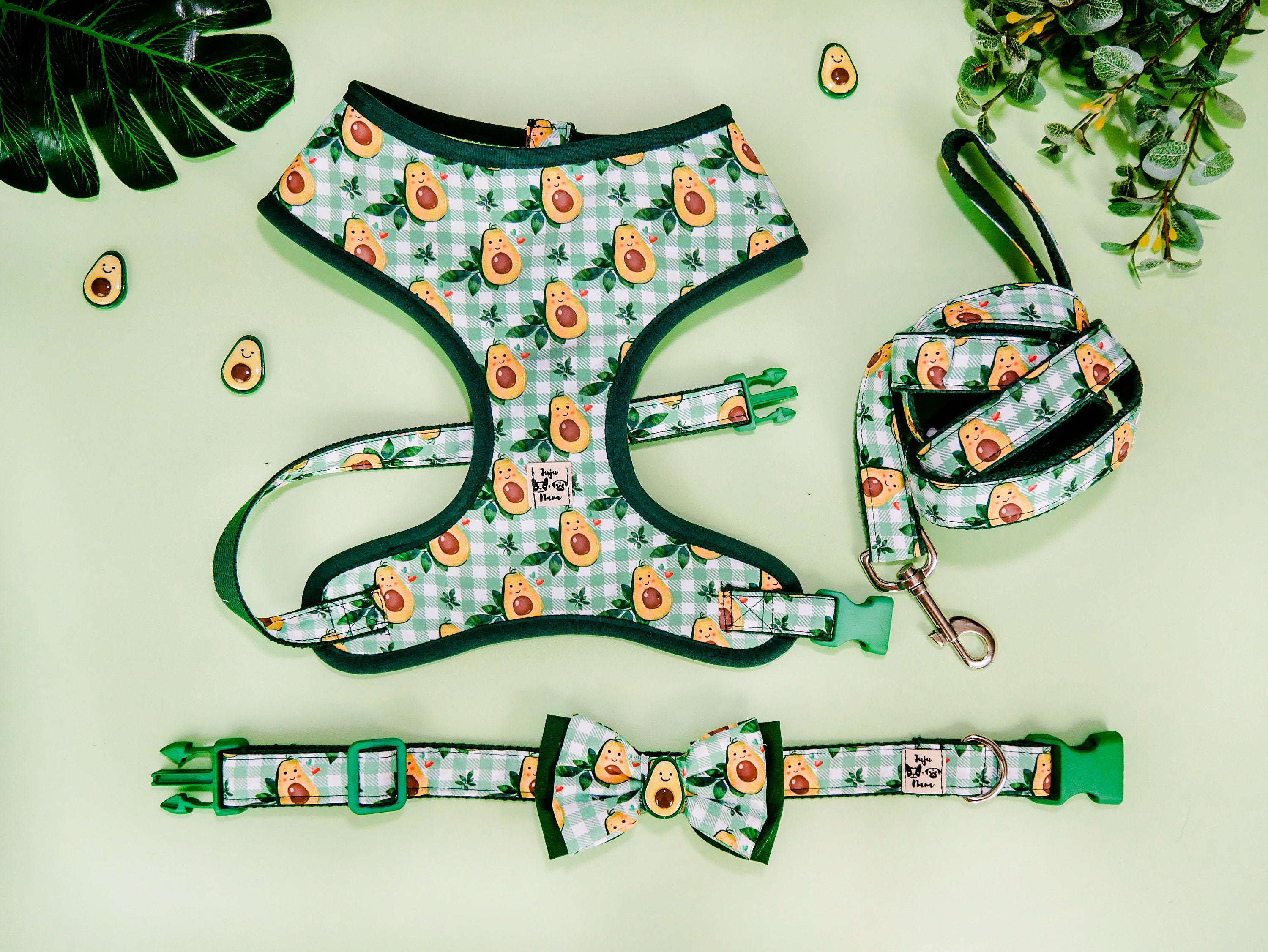 Premium Dog Harness Set - Avocado Green & Plaid Pattern - Adjustable & Comfortable for Small to Medium Dogs - Perfect for Walking, Hiking, and Outdoor Adventures