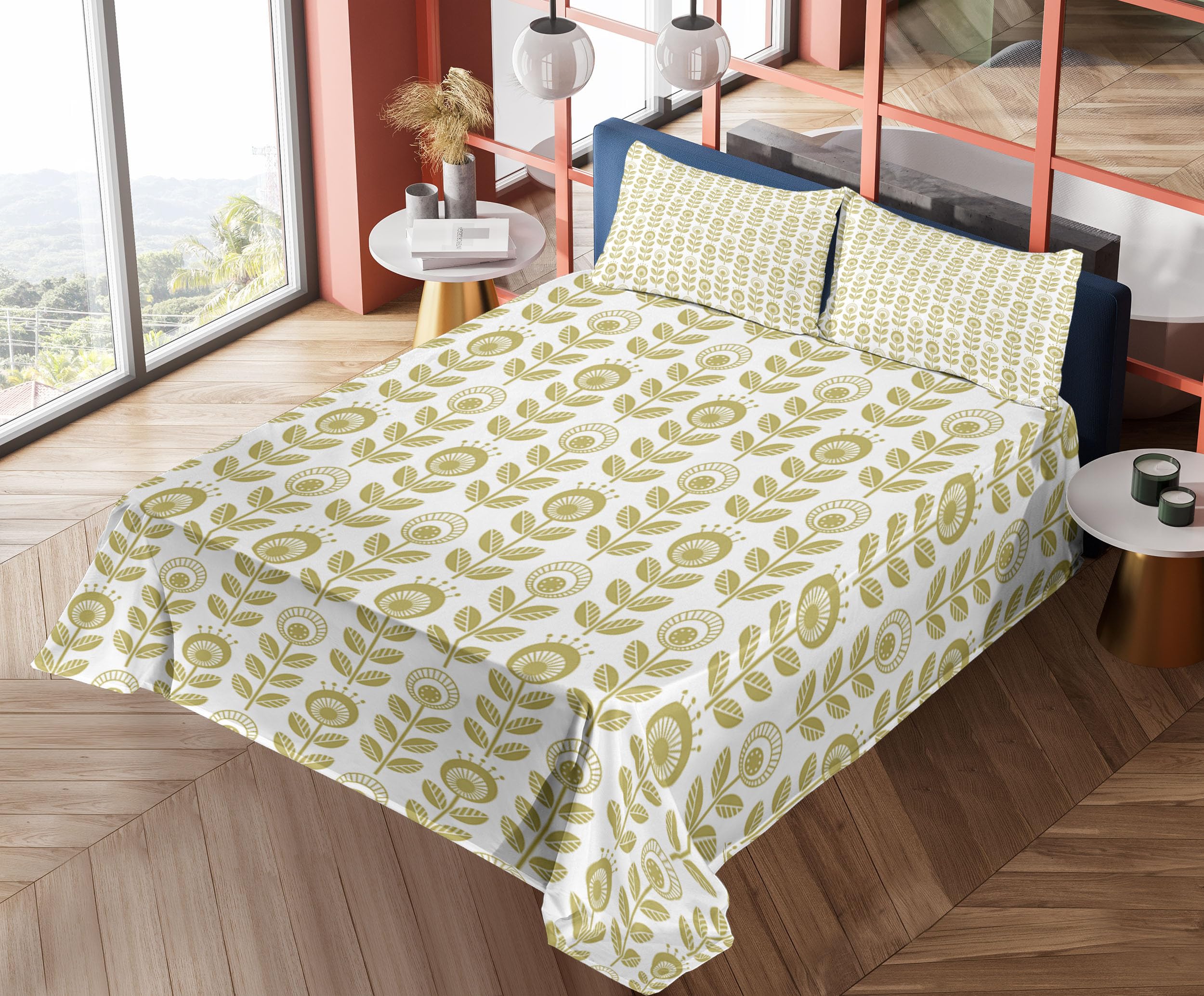 Ambesonne Floral King Sheet Set - 4 Piece Scandinavian Style Monochrome Flower Bedding with Fitted Sheet, Flat Sheet & Pillowcases - Khaki White - Perfect for Master Bedroom, Guest Room & Vacation Homes