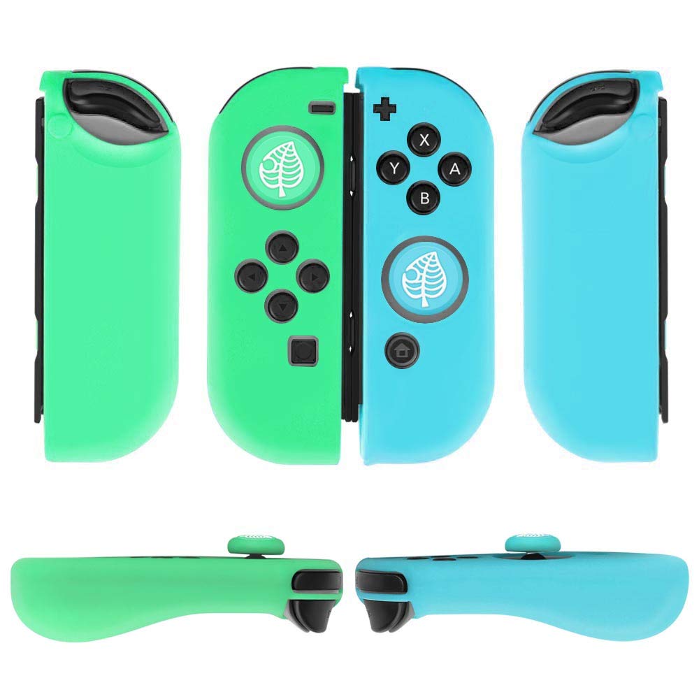 Nintendo Switch Joy-Con Grip Protective Case Cover - Anti-Slip Gel Guards with Thumb Grips, Lightweight Animal Crossing Design, Comfortable Controller Skin Accessories (1 Pair Blue Green Leaf) - Perfect for Gaming Sessions and Travel Protection