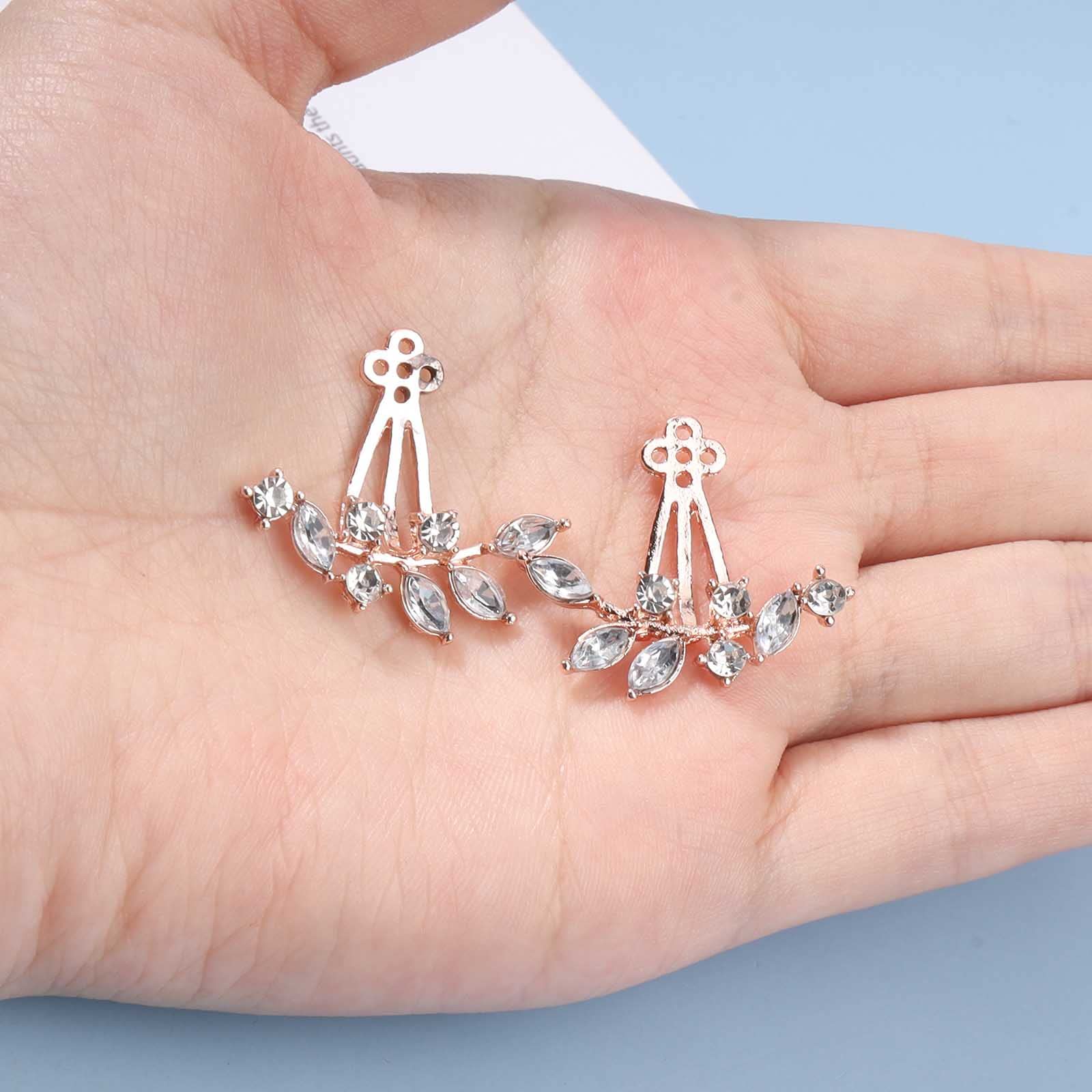 Boho Crystal Leaf Ear Jackets Earrings - Rose Gold CZ Rhinestone Front & Back Studs - Minimalist Jewelry for Women - Perfect for Parties, Weddings & Everyday Wear