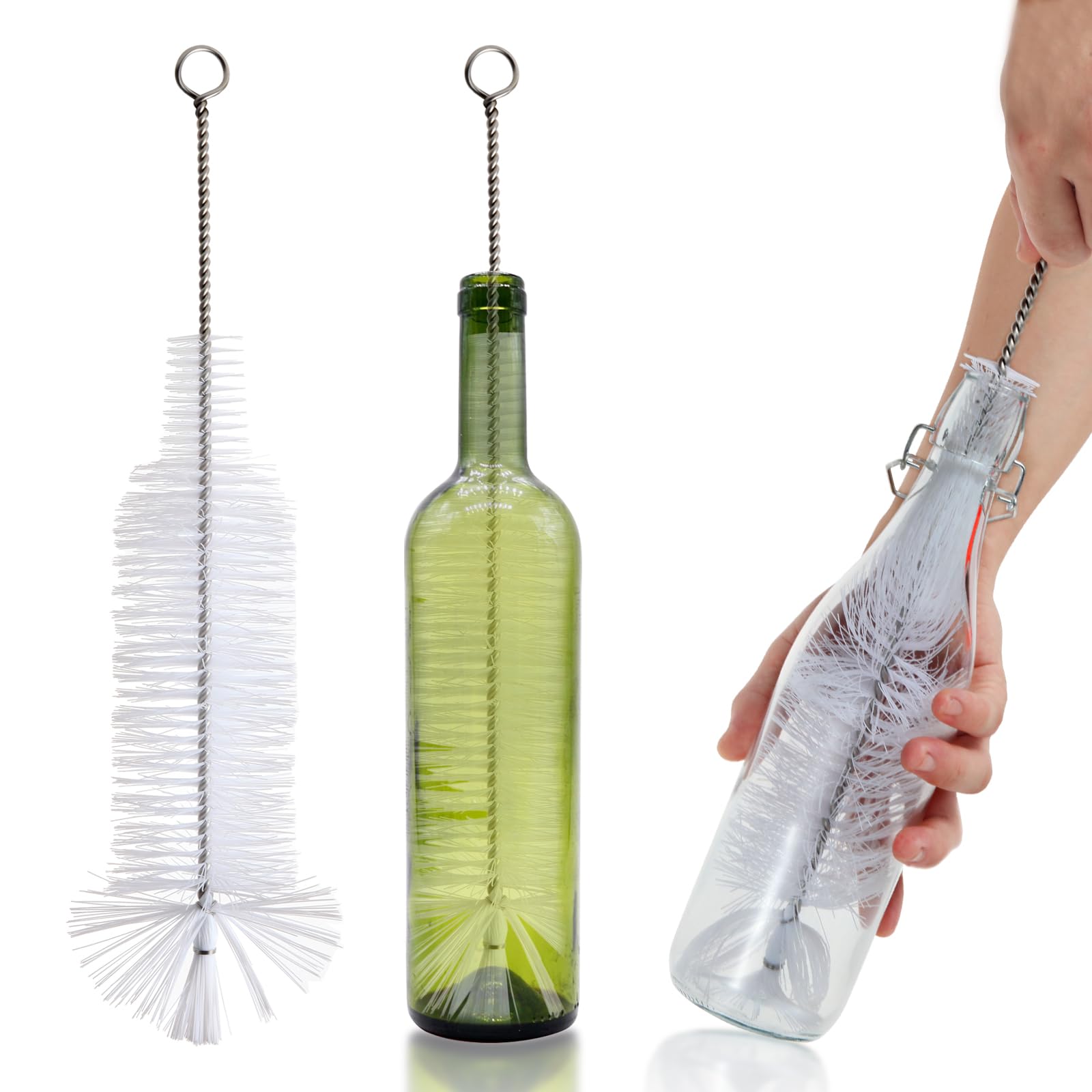 Premium Bottle Brush for Cleaning Wine Bottles, Beer Bottles, Soda Bottles & Narrow Neck Containers - Extra Long Durable Bristles (White, 1PC) - Perfect for Home Bars, Breweries & Kitchen Cleaning