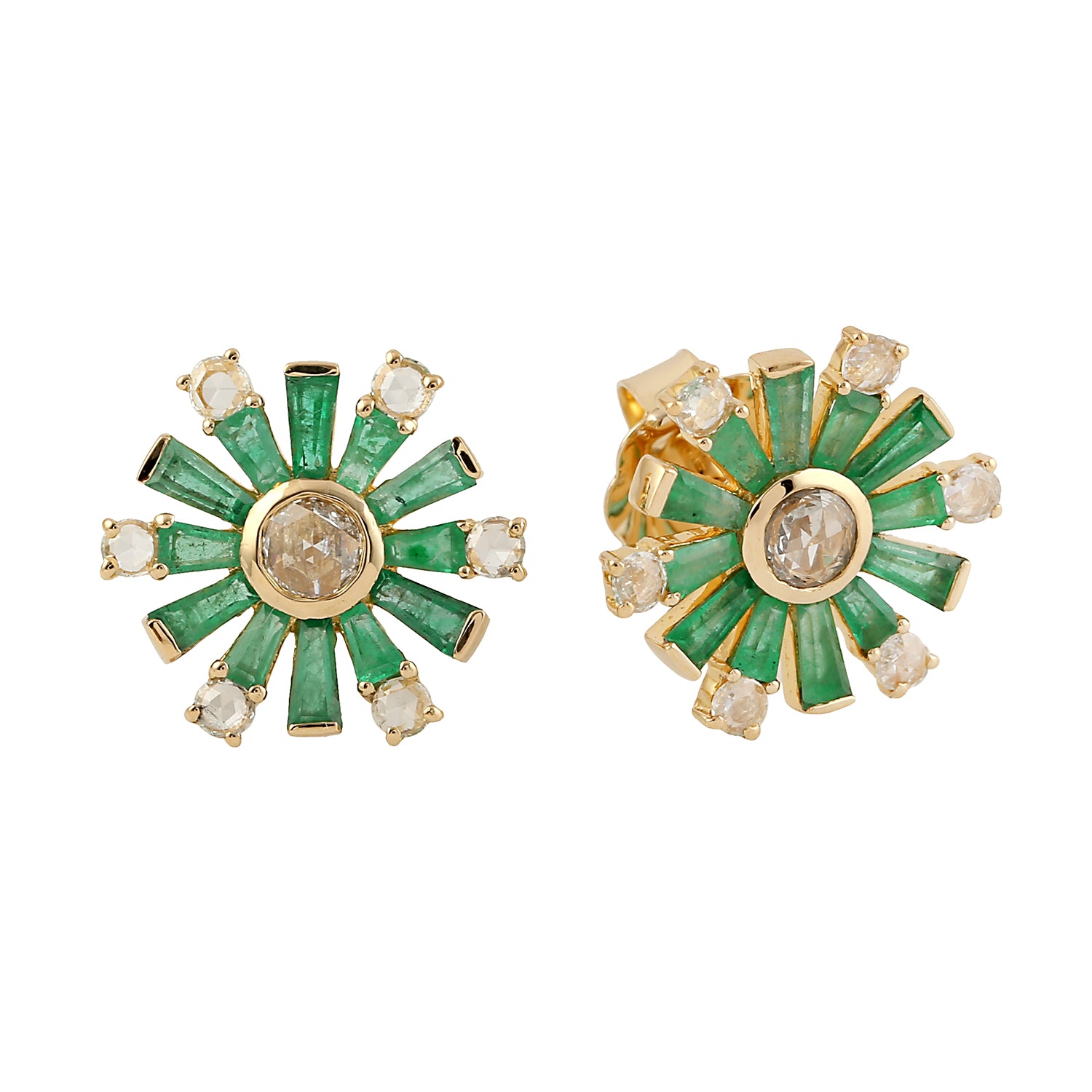 Exquisite Baguette Cut Emerald & Rose Cut Diamond Stud Earrings in 14K Yellow Gold – Perfect for Weddings, Anniversaries, and Special Occasions