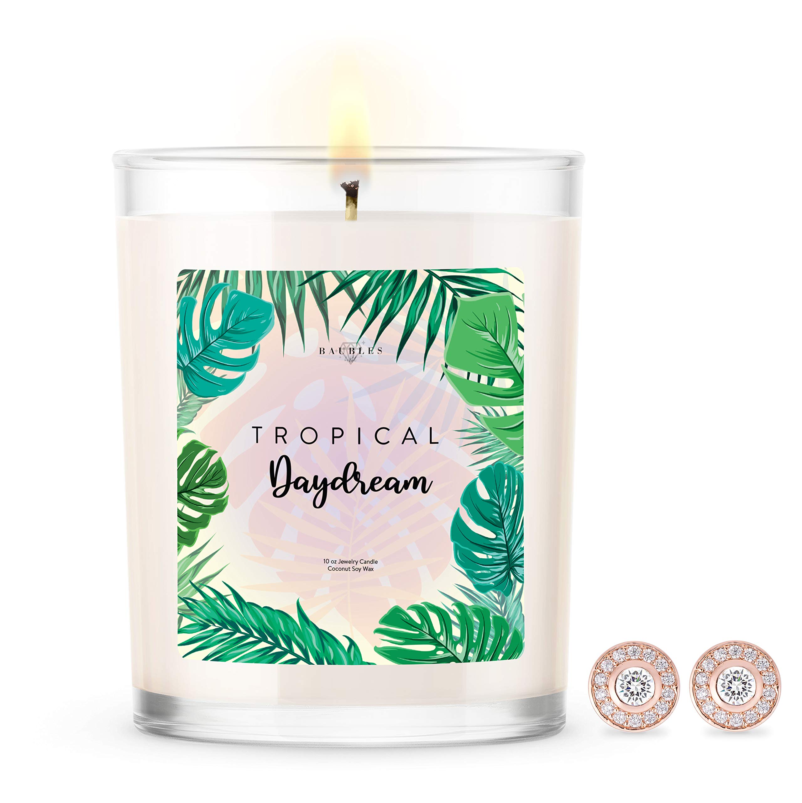 Baubles Tropical Daydream Scented Premium Candle with Surprise Jewelry Inside | 10 oz Large Soy Wax Candle | Made in USA | Parrafin-Free | Includes Bonus Earrings | Perfect for Home Decor, Gifts & Relaxation