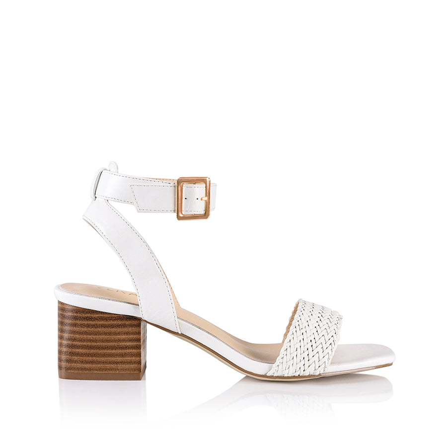 Elly Block Heel Sandals - White Weave Women's Comfortable Summer Shoes | Perfect for Beach, Wedding & Casual Outfits