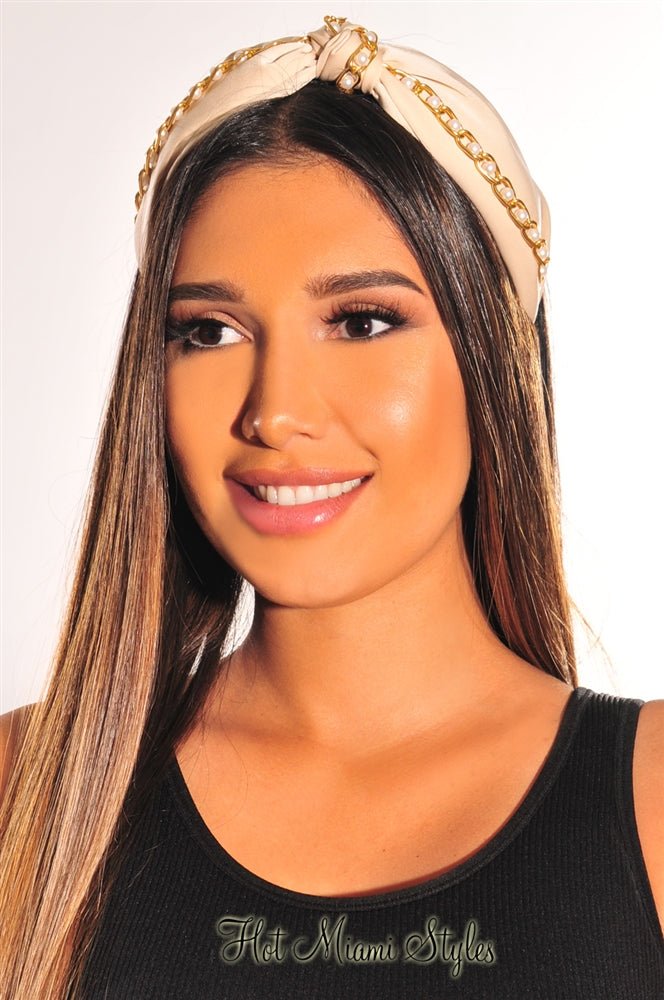 Elegant Cream Pearl Gold Chain Knotted Headband for Women - Perfect for Weddings, Parties, and Special Occasions