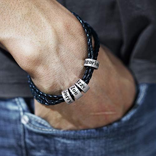 925 Sterling Silver Personalized Men's Leather Bracelet - Custom Engraved Black Braided Bracelet with Small Beads - Family Name Jewelry Gift for Husband, Father, Son - Perfect for Anniversary, Birthday & Everyday Wear