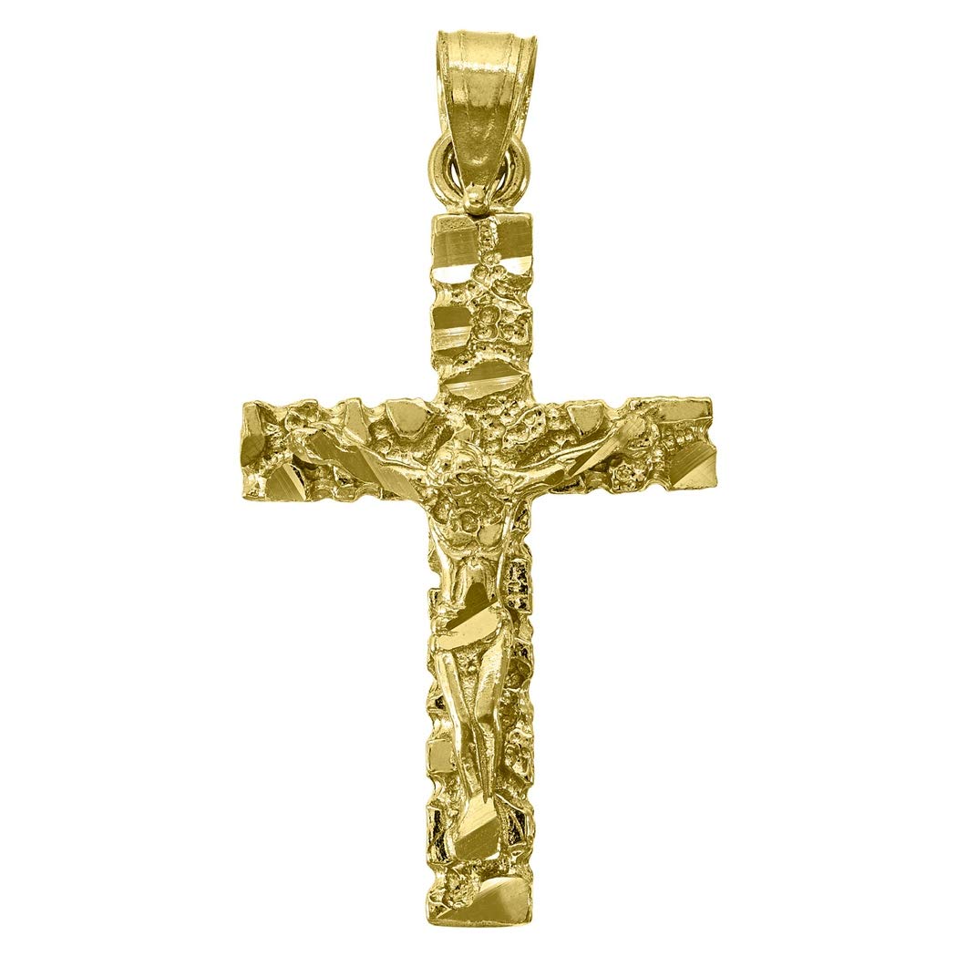 14K Yellow Gold Men's DC Nugget Cross Crucifix Pendant Necklace - 32.8mm Religious Jewelry Gift for Him - Perfect for Baptism, Confirmation & Spiritual Occasions