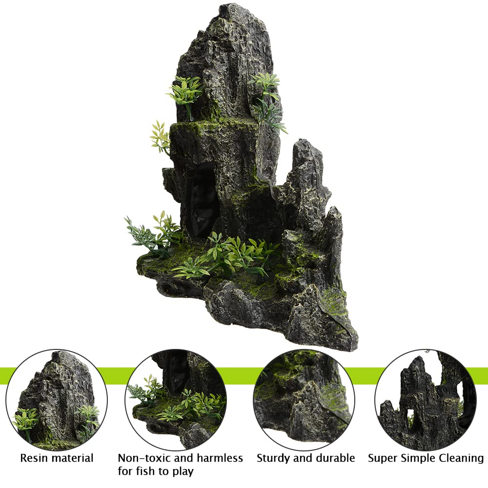 Large & Tall Aquarium Mountain View Stone Decor - 11 Inch Resin Rock Cave Ornament with Plants for Fish Tank Aquascaping | Perfect for Betta Fish, Goldfish & Tropical Aquariums