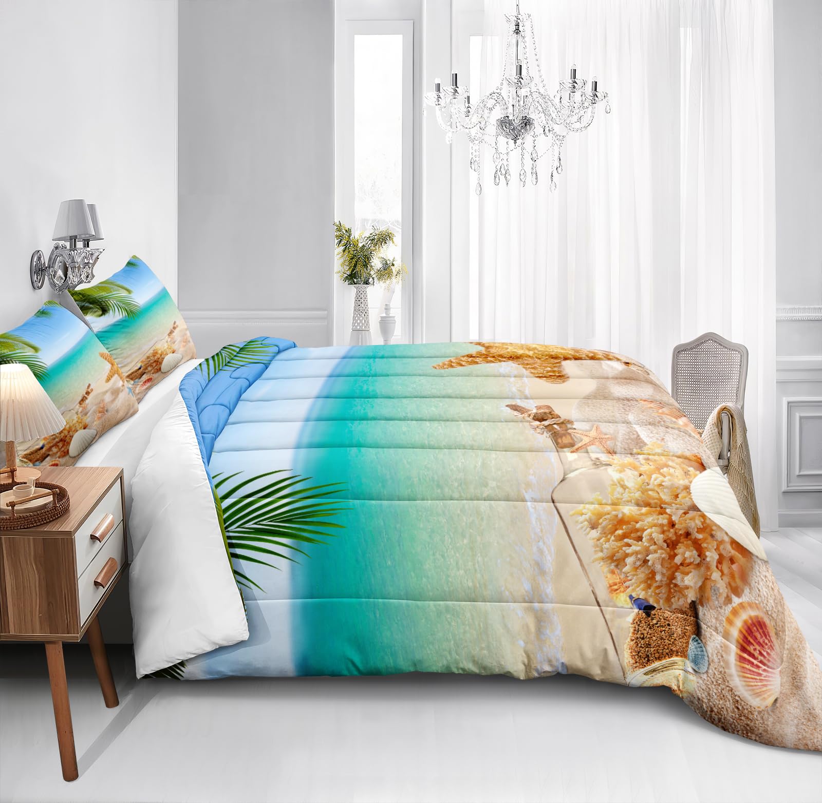 Ocean Beach Themed Queen Size Bedding Set - Tropical Palm Tree Comforter with Conch & Starfish Print | Coastal Style Summer Bedding for Beach House, Vacation Rental & Coastal Decor
