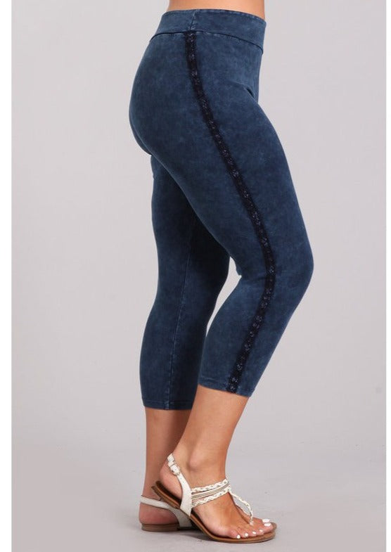 USA-Made Crochet Striped Mineral Washed Capri Leggings for Women - Plus Size Comfort Stretch Pants for Yoga, Lounge & Casual Wear