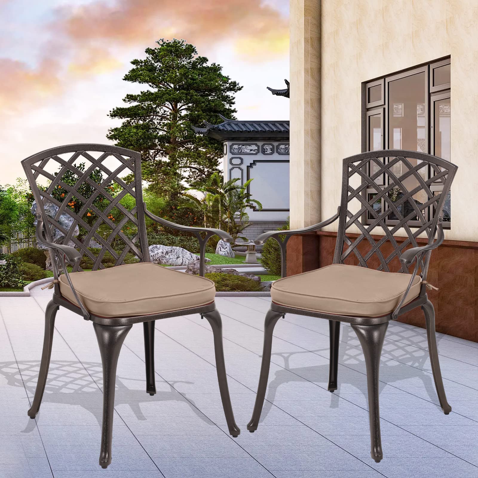 OKIDA 2-Piece Outdoor Dining Chairs - Heavy Duty Cast Aluminum Bistro Chairs with Khaki Cushions for Patio, Garden, Deck & Backyard - Weather Resistant Outdoor Furniture for Dining, Relaxing & Entertaining