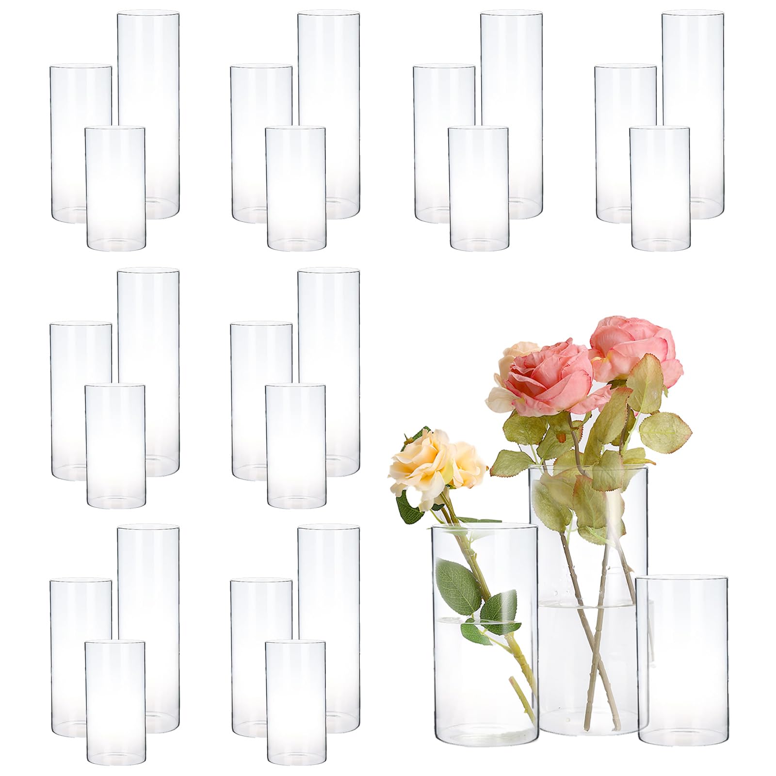 24-Piece Clear Glass Hurricane Candle Holders - Cylinder Pillar Candle Holders for Wedding Centerpieces, Party Decorations & Home Décor - Perfect for Romantic Dinners, Holiday Tablescapes and Special Events