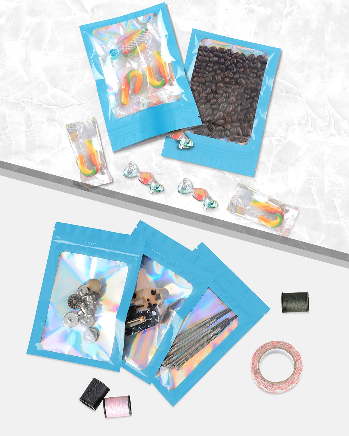 100 Pieces Blue Mylar Smell Proof Bags 3x4.7 Inch - Resealable Holographic Zipper Lock Pouch for Jewelry, Candy, Keychain & Small Business Packaging | Airtight Storage for Travel, Gifts & Organizing
