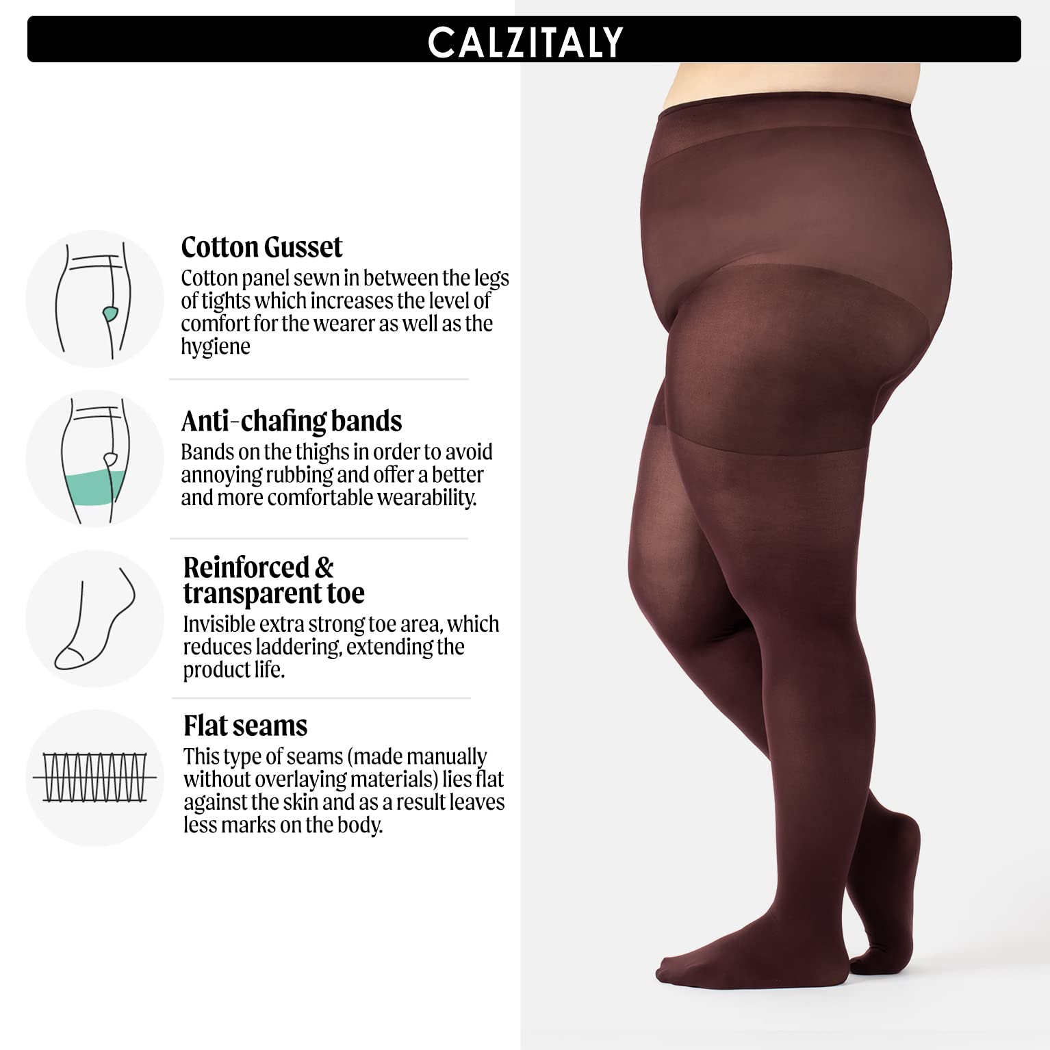 CALZITALY Anti-Chafing Opaque Tights 60 DEN Plus Size 4XL Black - Italian Hosiery for Comfort & Style