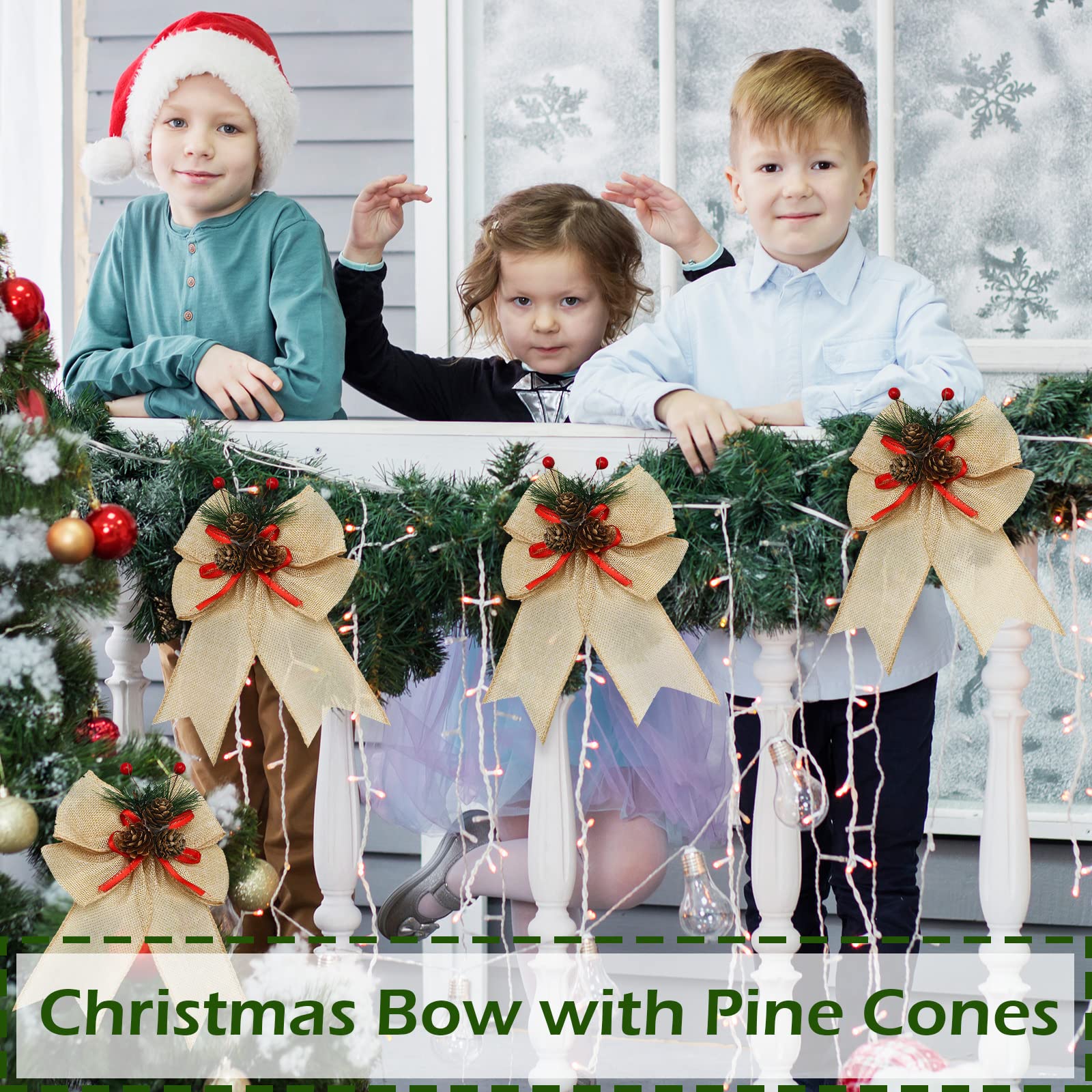 4-Piece Buffalo Plaid Christmas Bows with Pine Cones - Rustic Wreath Ribbon & Tree Decorations for Indoor/Outdoor Holiday Crafts (Beige) | Perfect for Xmas Tree Toppers, Gift Wrapping, Mantel Decor & Festive DIY Projects