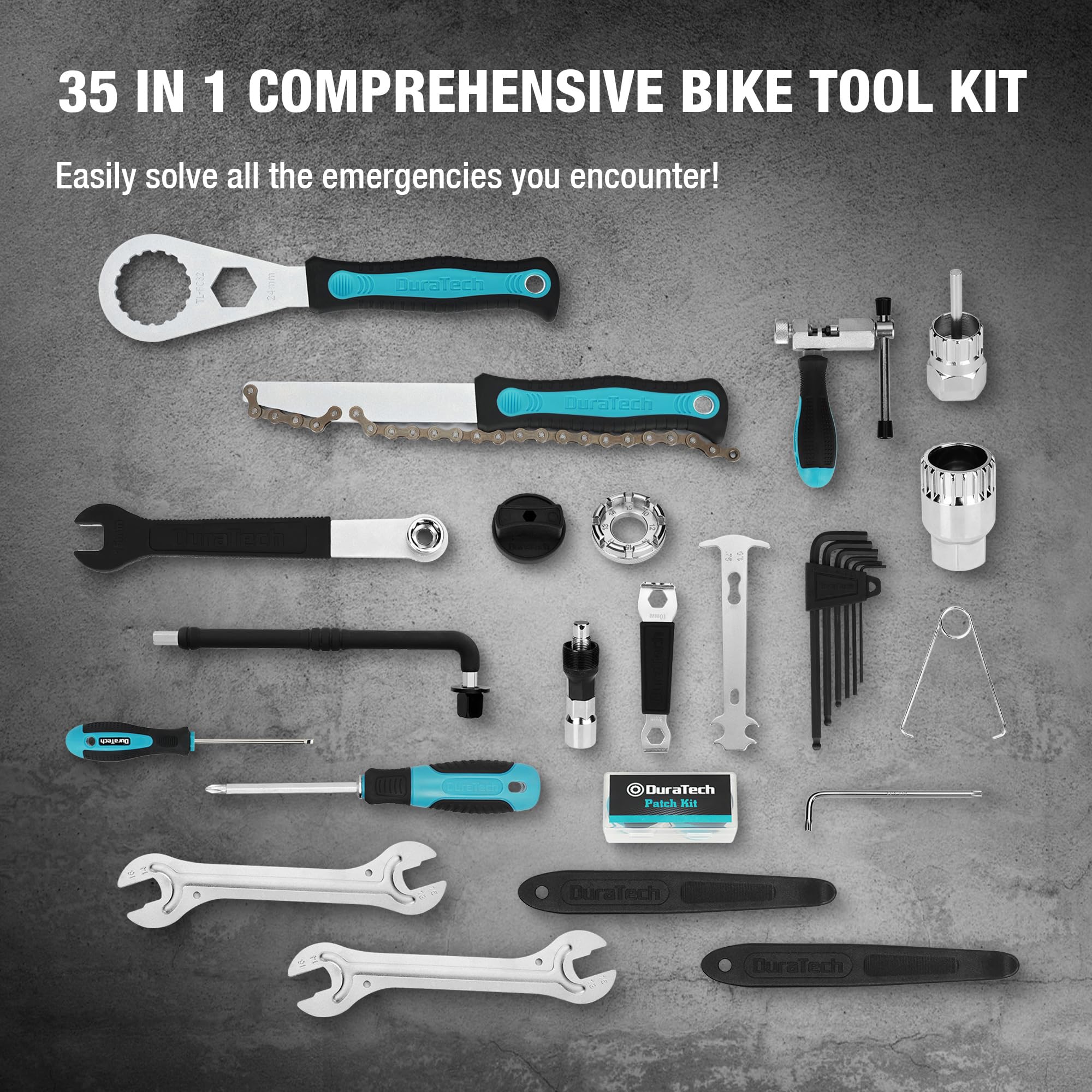 DURATECH Bike Repair Kit - 45-Piece Bicycle Tool Kit with Portable Carry Case for Tire, Brake, Chain & Pedal Maintenance - Essential Mountain & Road Bike Accessories - Perfect Gift for Cyclists (Men & Women) - Ideal for Trail Rides, Commuting & Emergency Roadside Repairs
