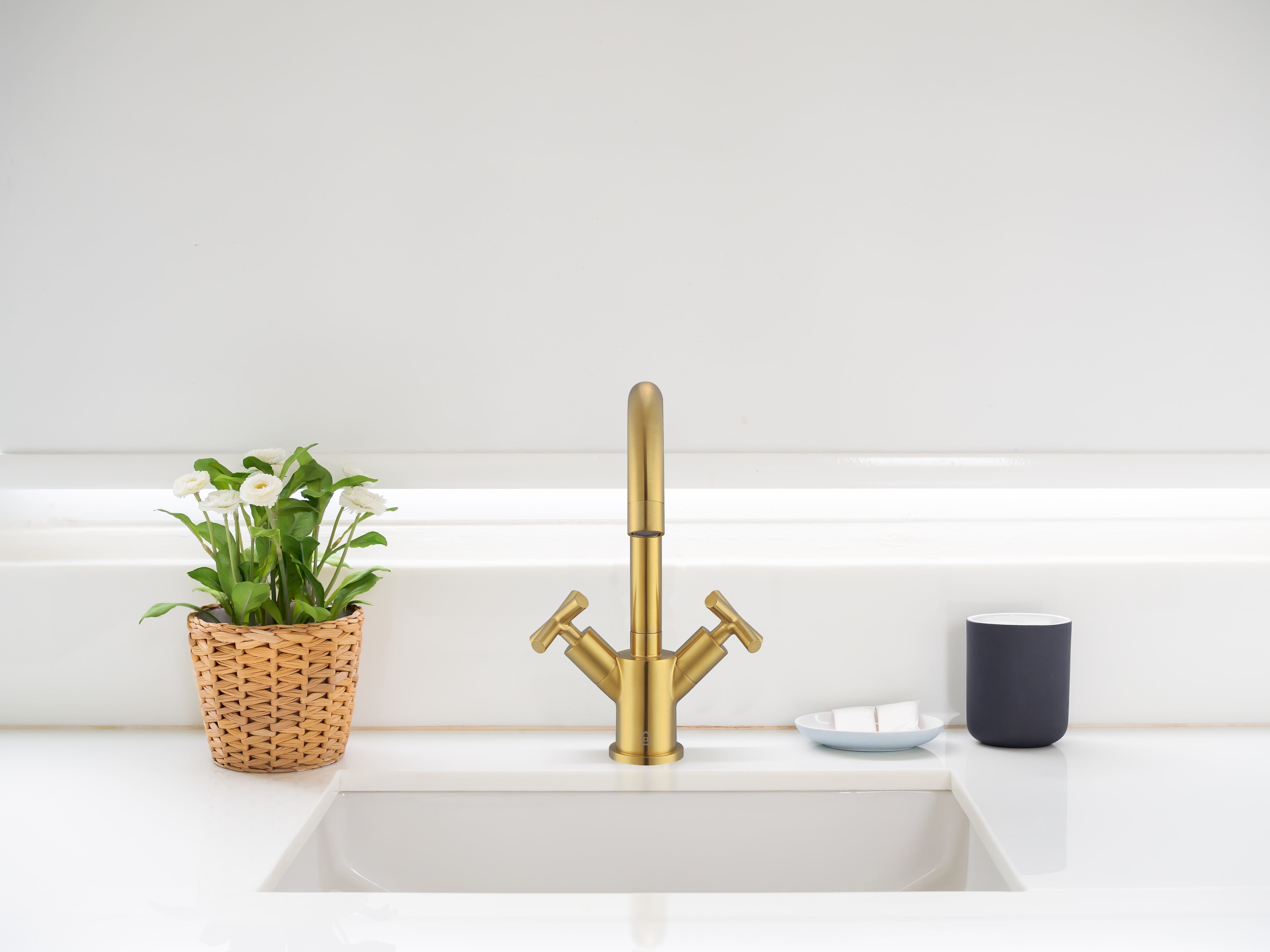 Brushed Titanium Gold Single Hole Cross Handle Bathroom Faucet - Ava Series | Modern Bathroom Sink Faucet for Vanity, Powder Room & Guest Bath Installation