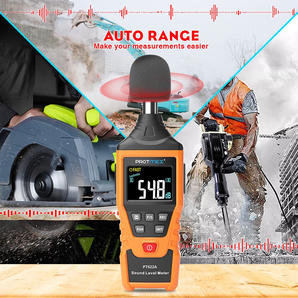Protmex PT622A Digital Sound Level Meter - 30-130 dB Decibel Reader with Large LCD Display, ±1.5dB Accuracy, Fast/Slow Mode Selection - Perfect for Home, Workplace, and Industrial Noise Measurement