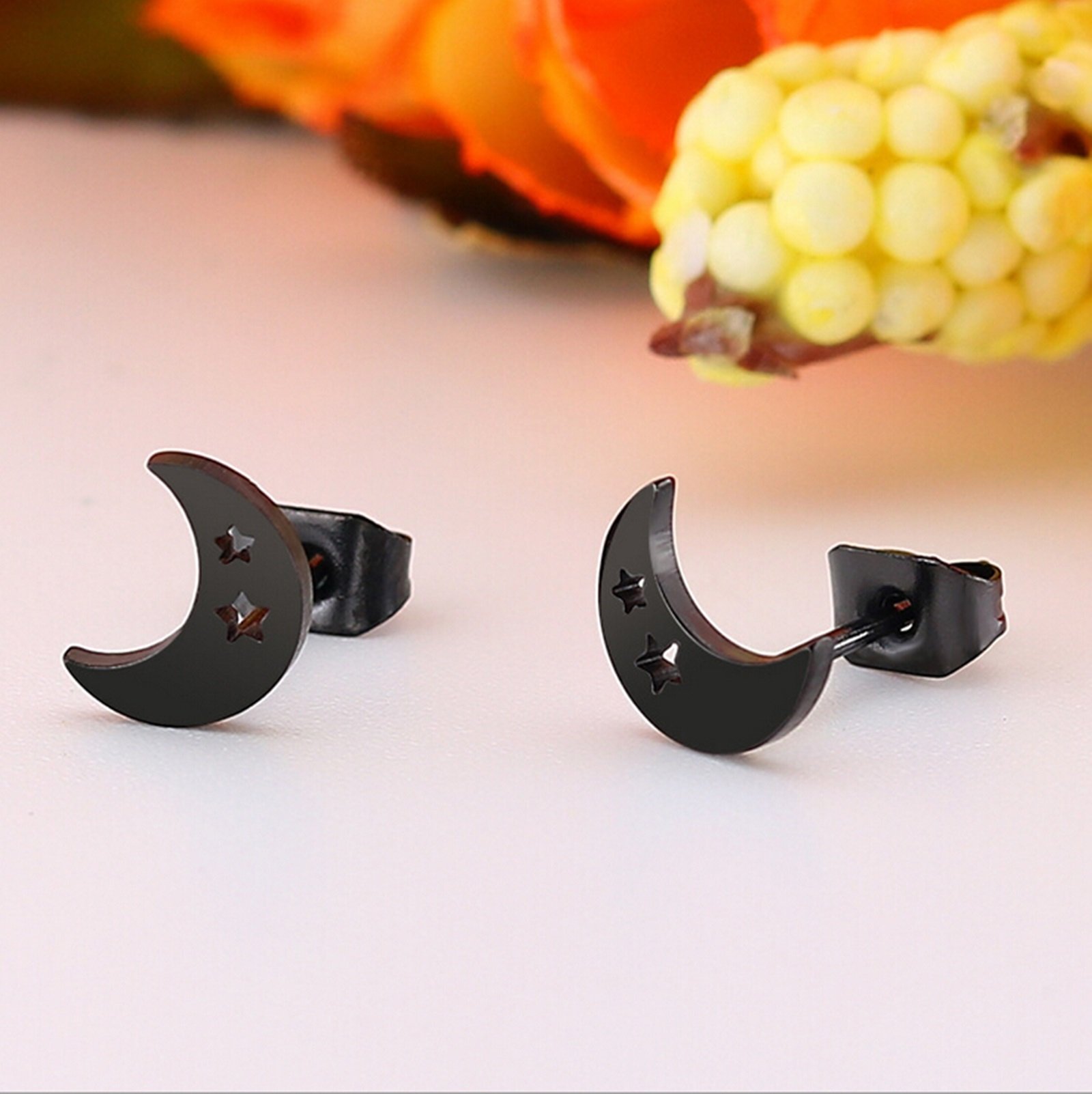 Black Stainless Steel Moon Stud Earrings Set - 3 Pairs Pack for Women | Hypoallergenic Fashion Jewelry for Everyday Wear, Parties & Gifts
