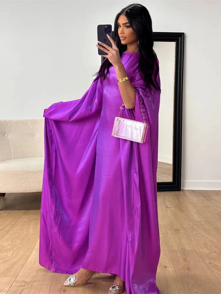 Elegant Batwing Sleeve Satin Abaya Dress for Women - Modest Muslim Prayer Dress for Eid, Wedding & Special Occasions