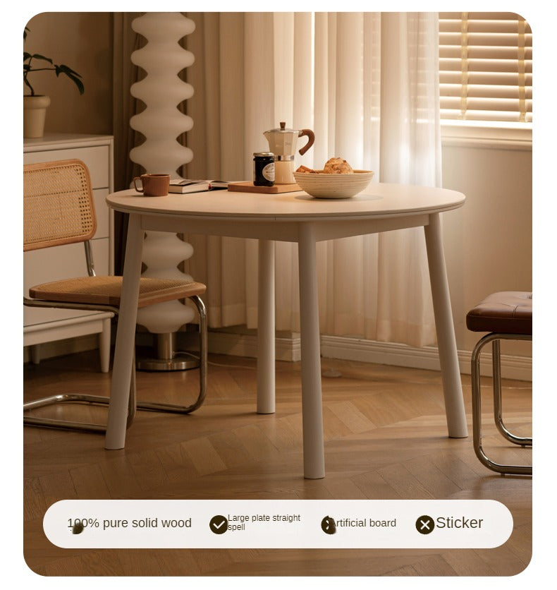 Birch Solid Wood Round Dining Table - White Cream Style Rock Board - Perfect for Modern Kitchens, Dining Rooms & Small Spaces