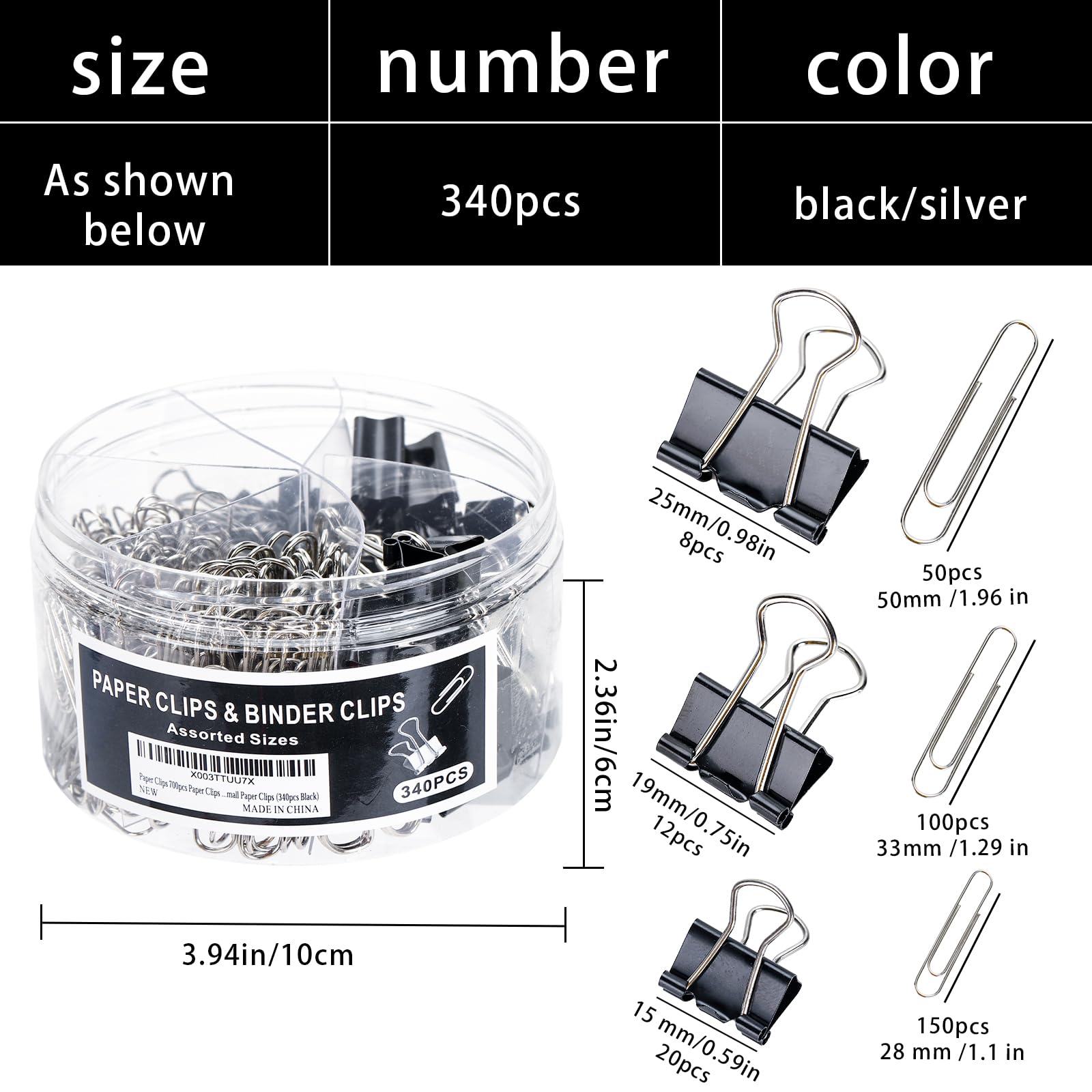 340pcs Assorted Size Paper Clips Set - Large & Small Black Binder Clips for Office, School, Home Organization & Document Filing