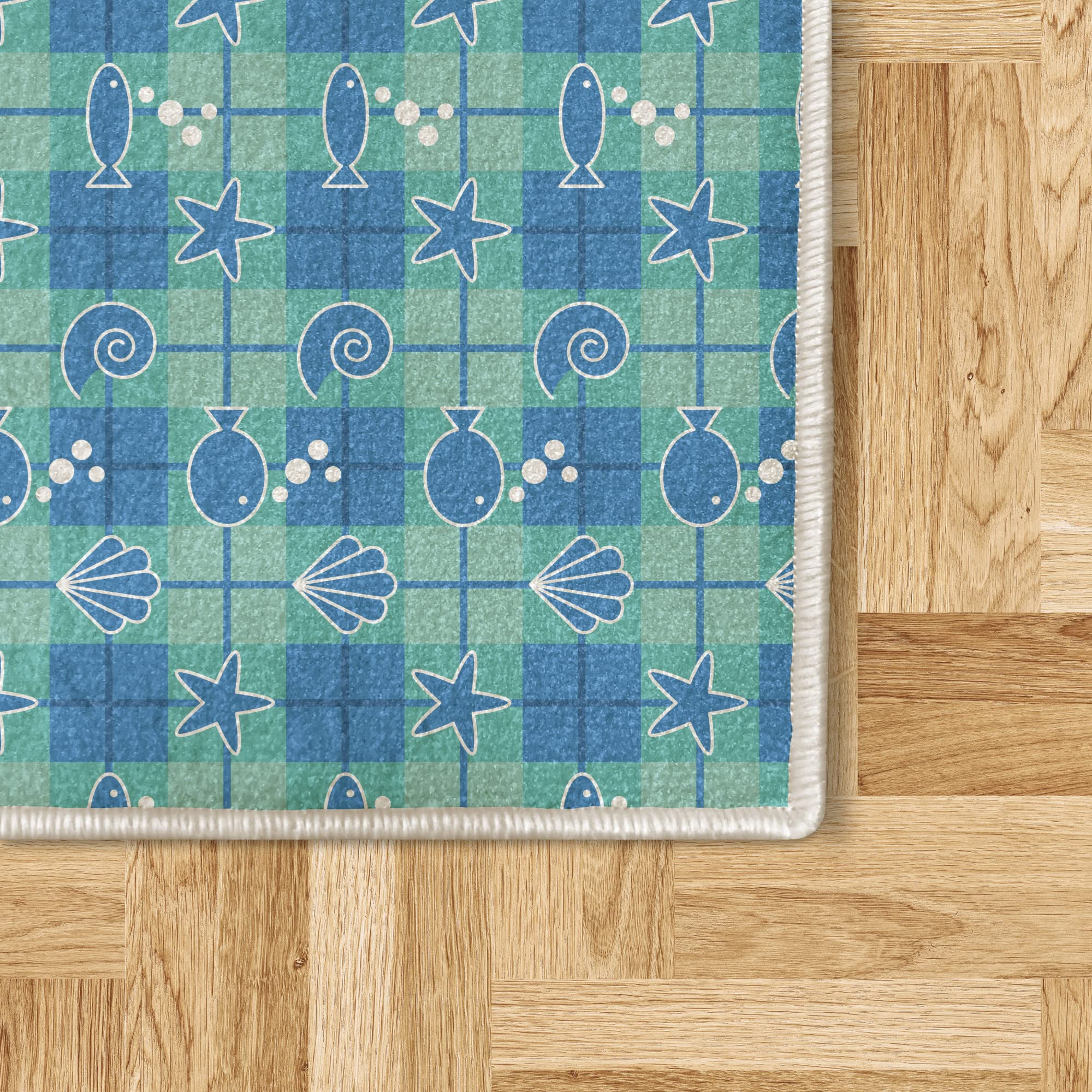 Ambesonne Sea Shells Plaid Pattern Area Rug - Cartoon Marine Silhouettes with Fish, Starfish & Bubbles - Soft Non-Slip Decorative Carpet for Bedroom, Living Room, Dorm - 4' x 5' 5