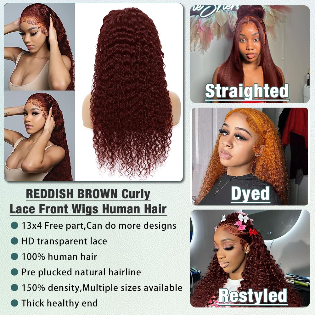 28 Inch Reddish Brown Curly Human Hair Wig with 13x4 HD Lace Frontal - Pre Plucked, 150% Density, Auburn Deep Wave, Baby Hair for Women | Perfect for Cosplay, Daily Wear & Special Occasions